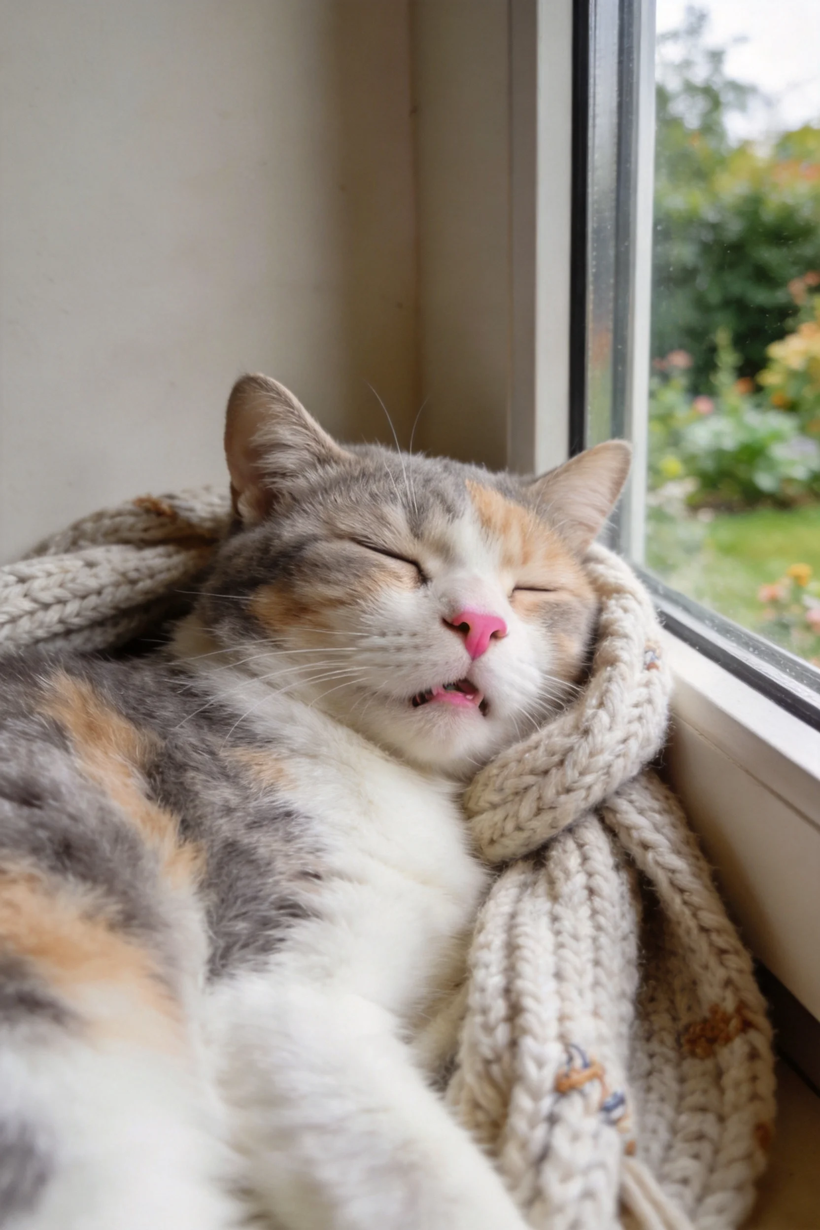 三色短毛猫裹着针织物闭眼休息,粉红色鼻头清晰可见。