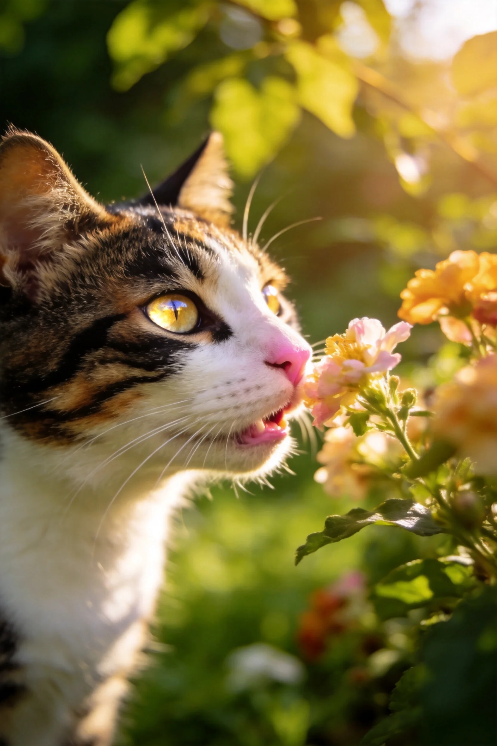 三色短毛家猫用鼻尖轻触花卉,眼部明亮且毛发有三色分布特征。