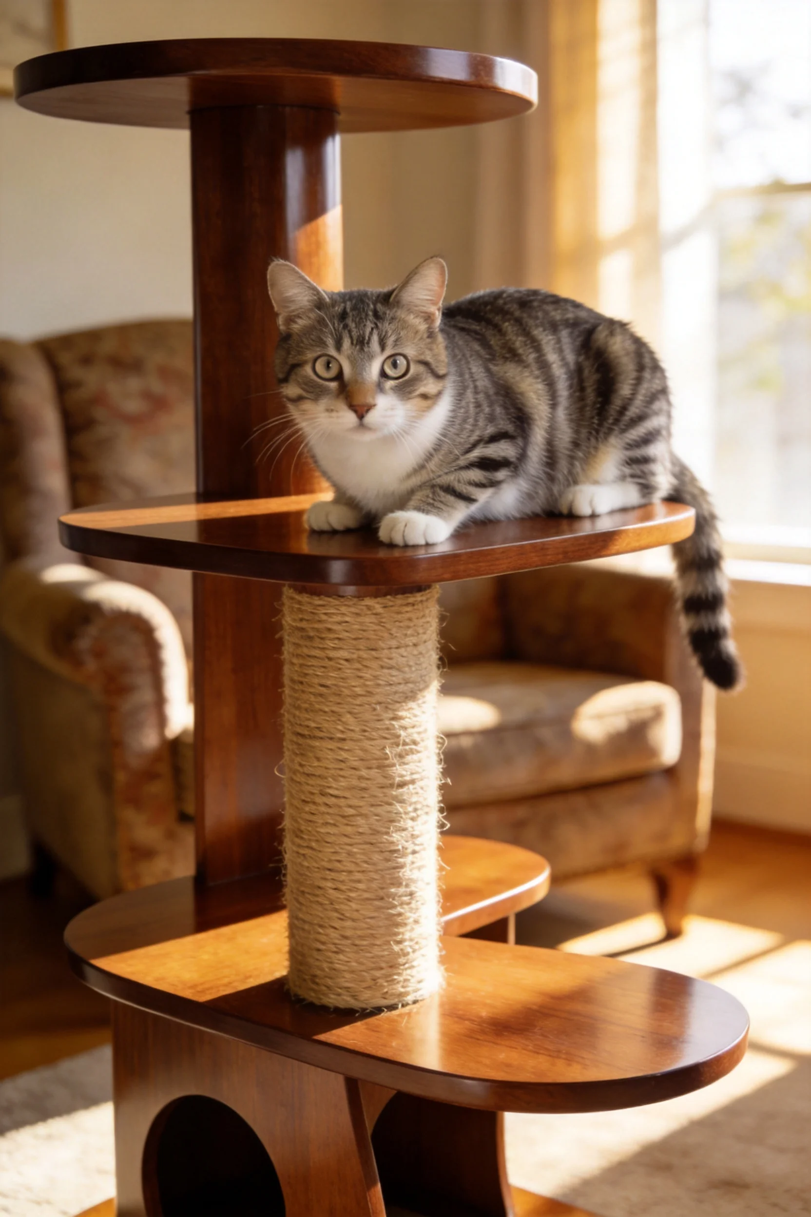 短毛虎斑猫安静地趴在多层木质猫爬架的第二层平台上,灰黑相间的虎斑花纹与白色胸部形成鲜明对比,毛发柔软顺滑。