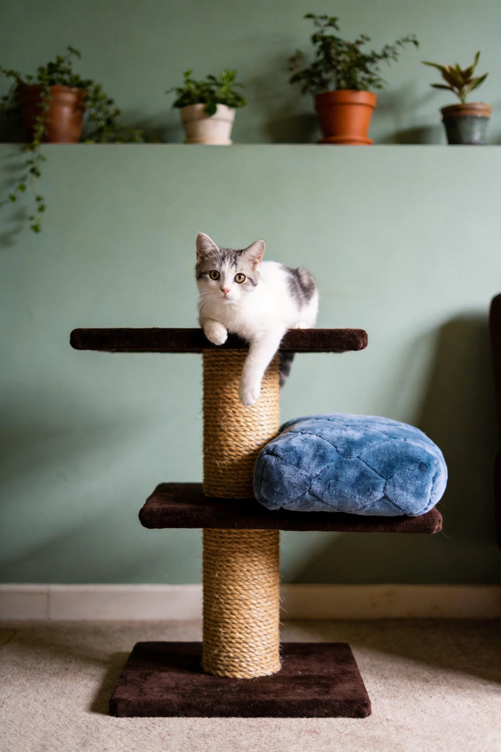灰白短毛家猫趴在猫爬架上，灰白相间的毛发清晰可见，前爪搭在横杆边缘。