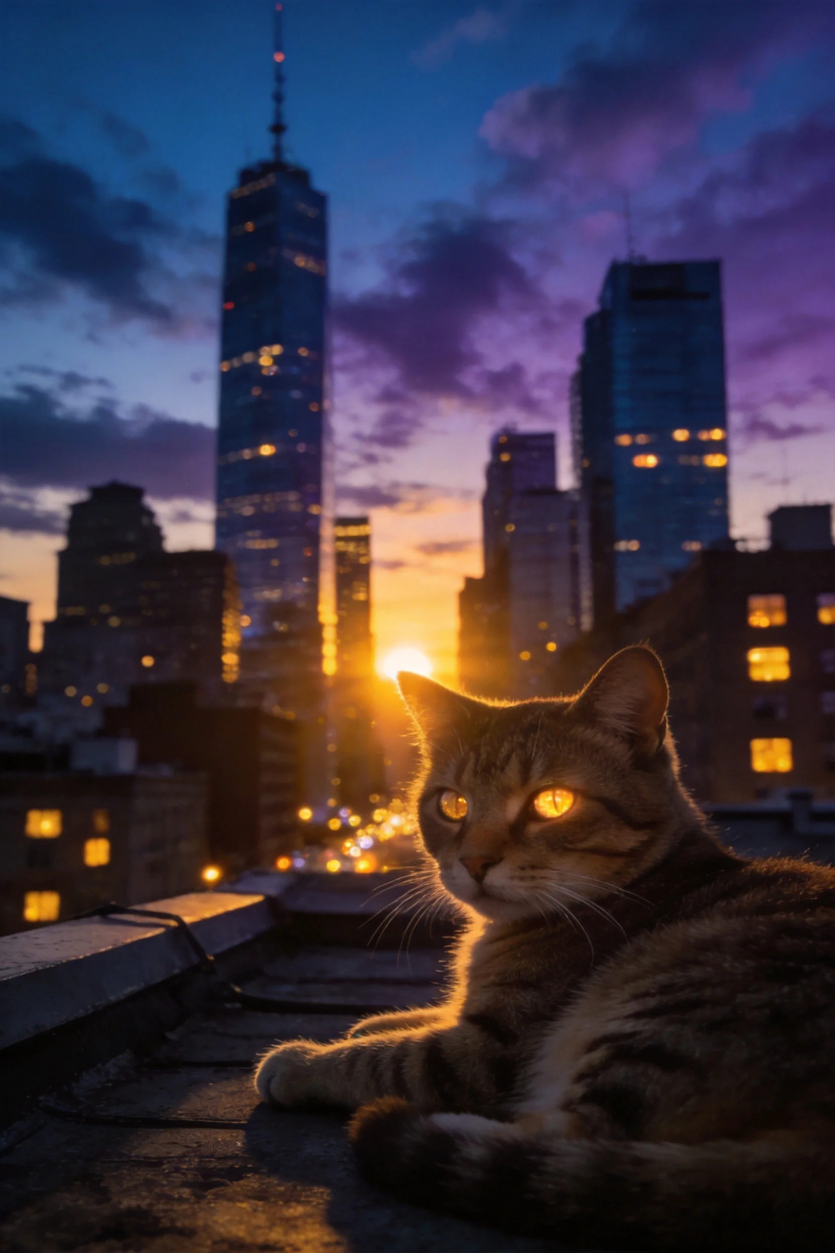 虎斑短毛猫趴在屋顶上,夕阳光线让它眼睛呈现金色光泽,皮毛为典型虎斑纹路。