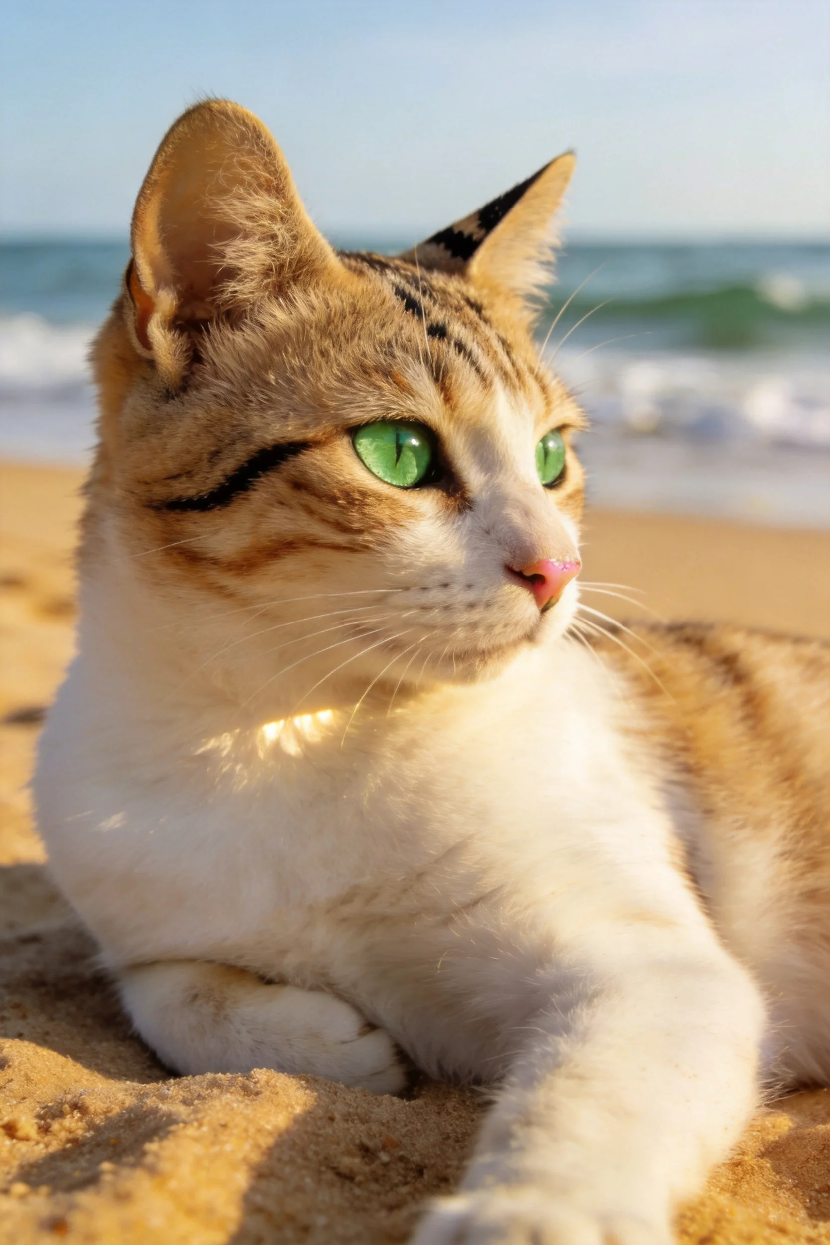 短毛家猫有着明亮的绿色眼眸,棕白相间的毛发柔软蓬松。