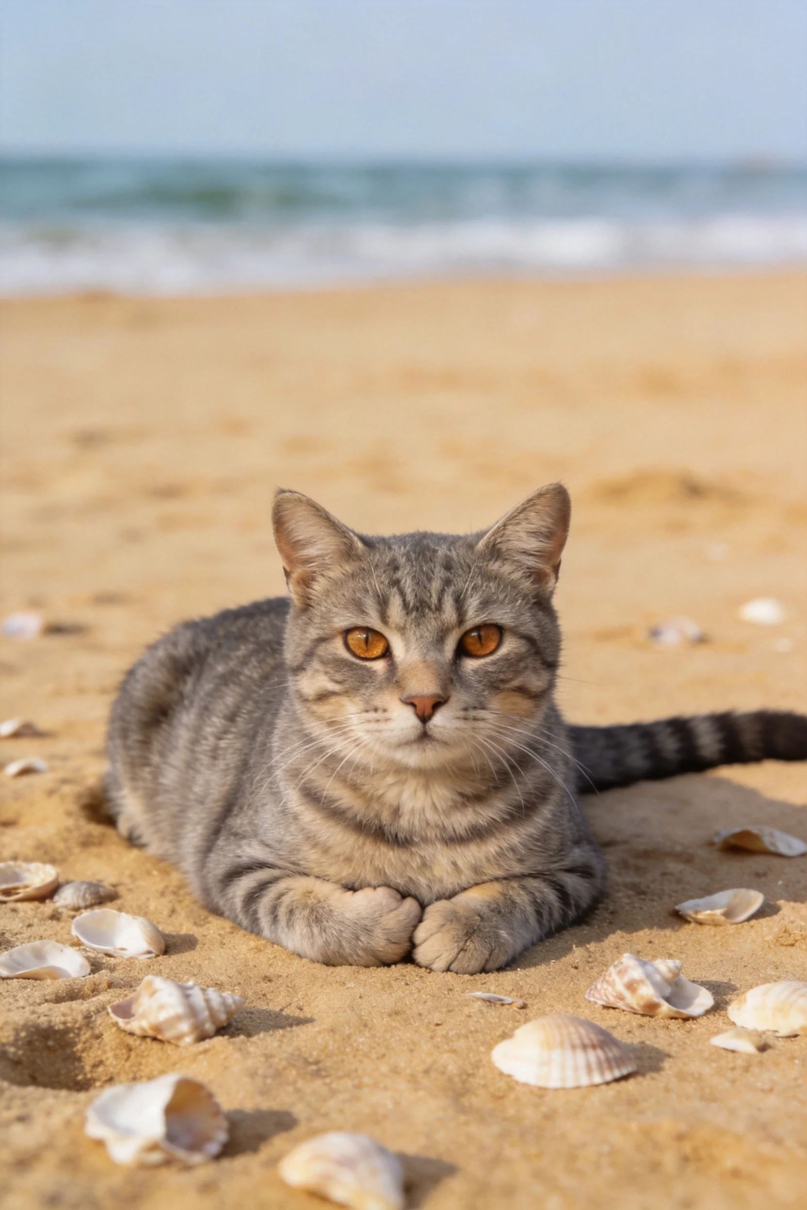短毛虎斑猫安静趴在沙滩上,灰黑相间的虎斑花纹清晰,周围散落着各类贝壳。
