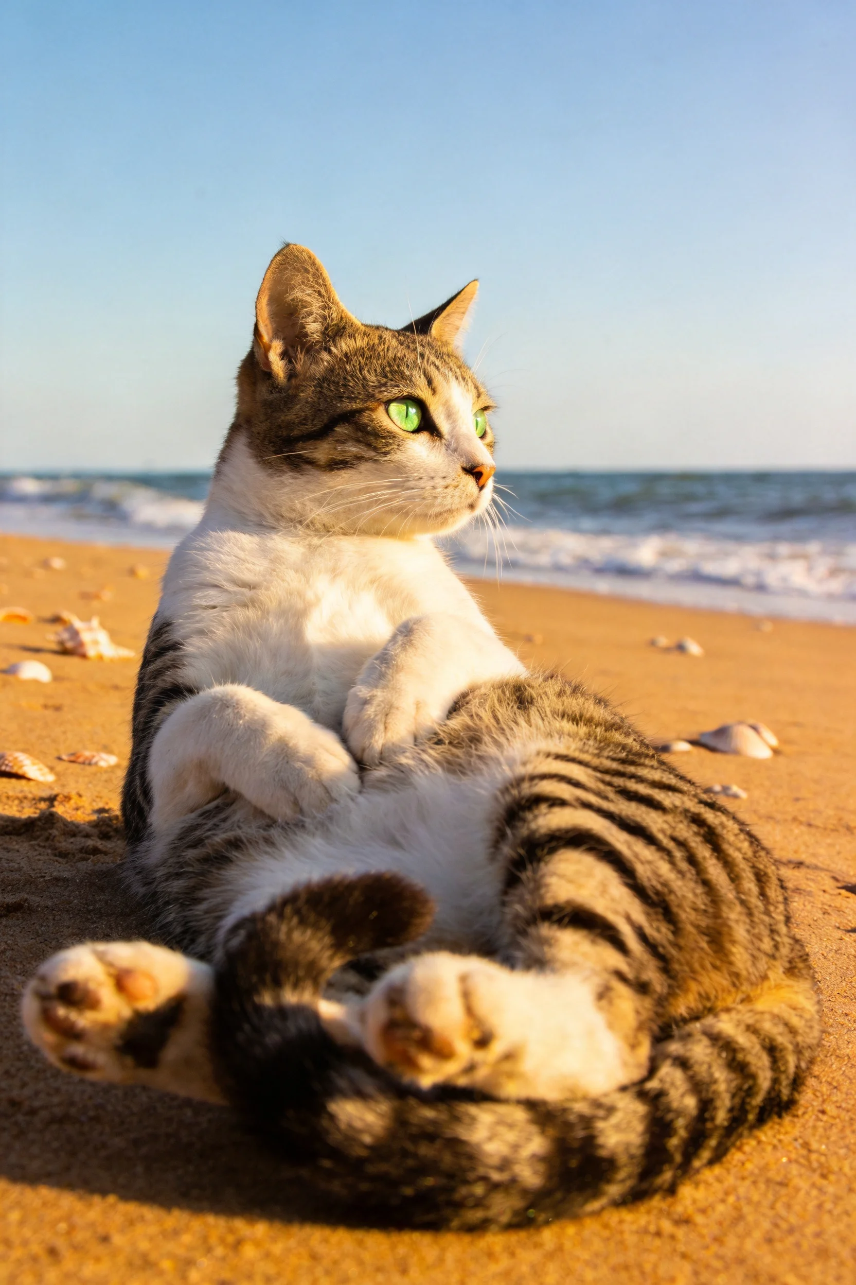 短毛虎斑家猫仰卧沙滩,黑灰虎斑纹皮毛与白色部位形成鲜明对比,绿色眼眸注视远方。
