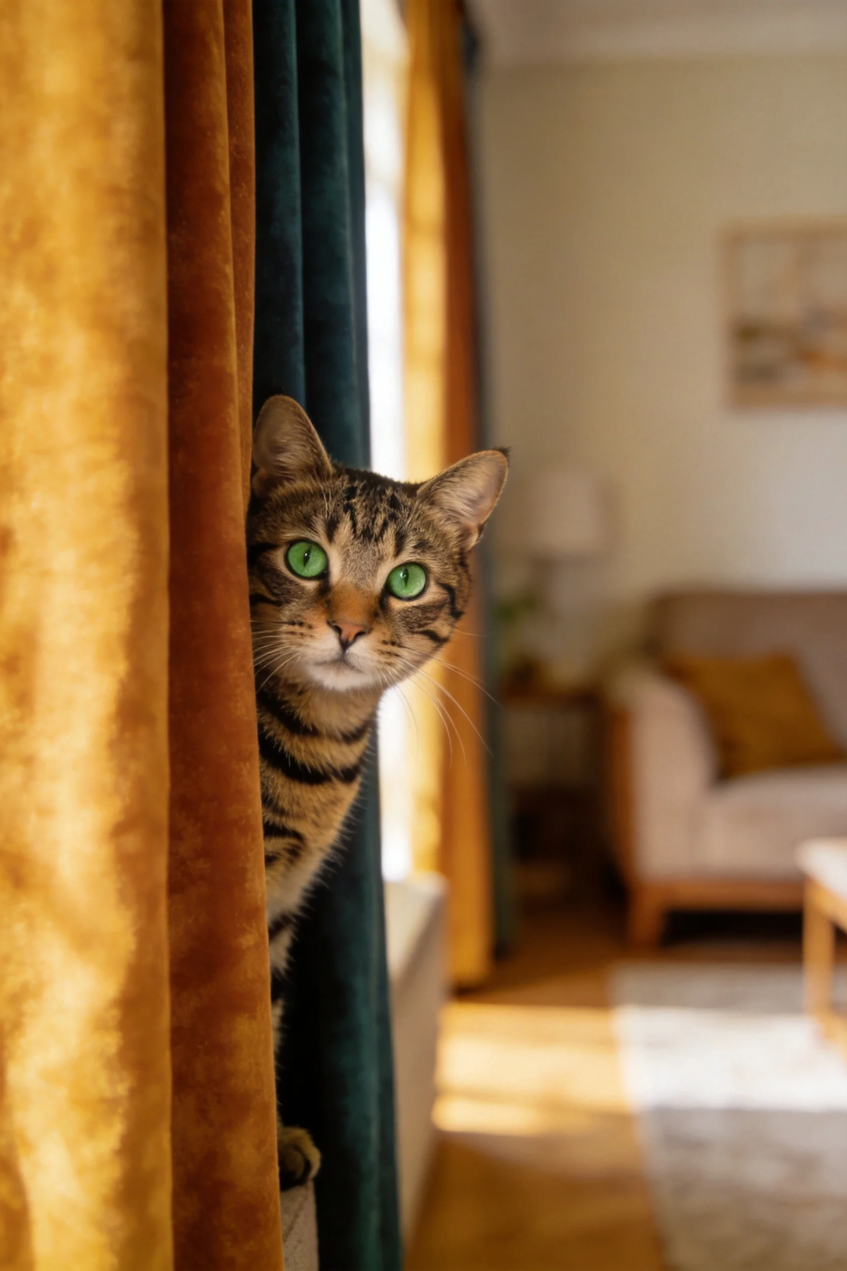 短毛虎斑猫从窗帘缝隙处探出身子,明亮的绿色眼睛清晰可见,皮毛短而带有典型虎斑纹路。