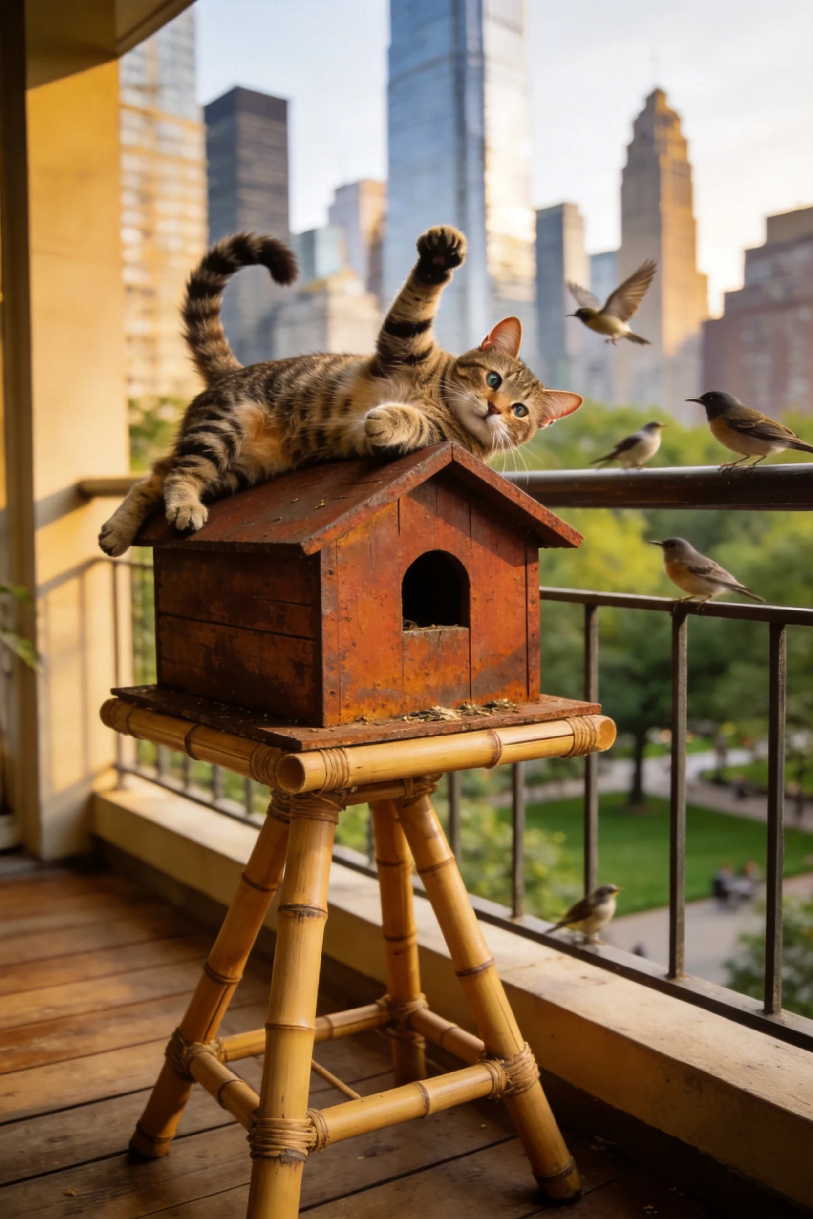 虎斑短毛猫趴在木屋上,前爪抬起,眼睛明亮注视着画面方向。