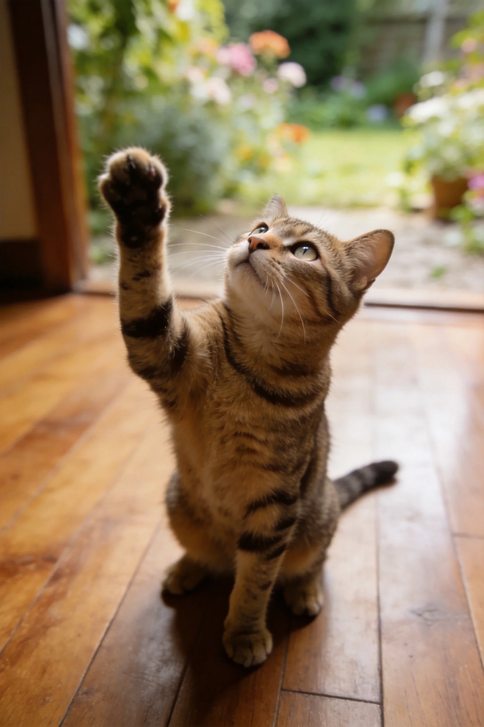 虎斑纹短毛猫前爪抬起，皮毛呈现典型虎斑纹理，眼神专注凝视上方。