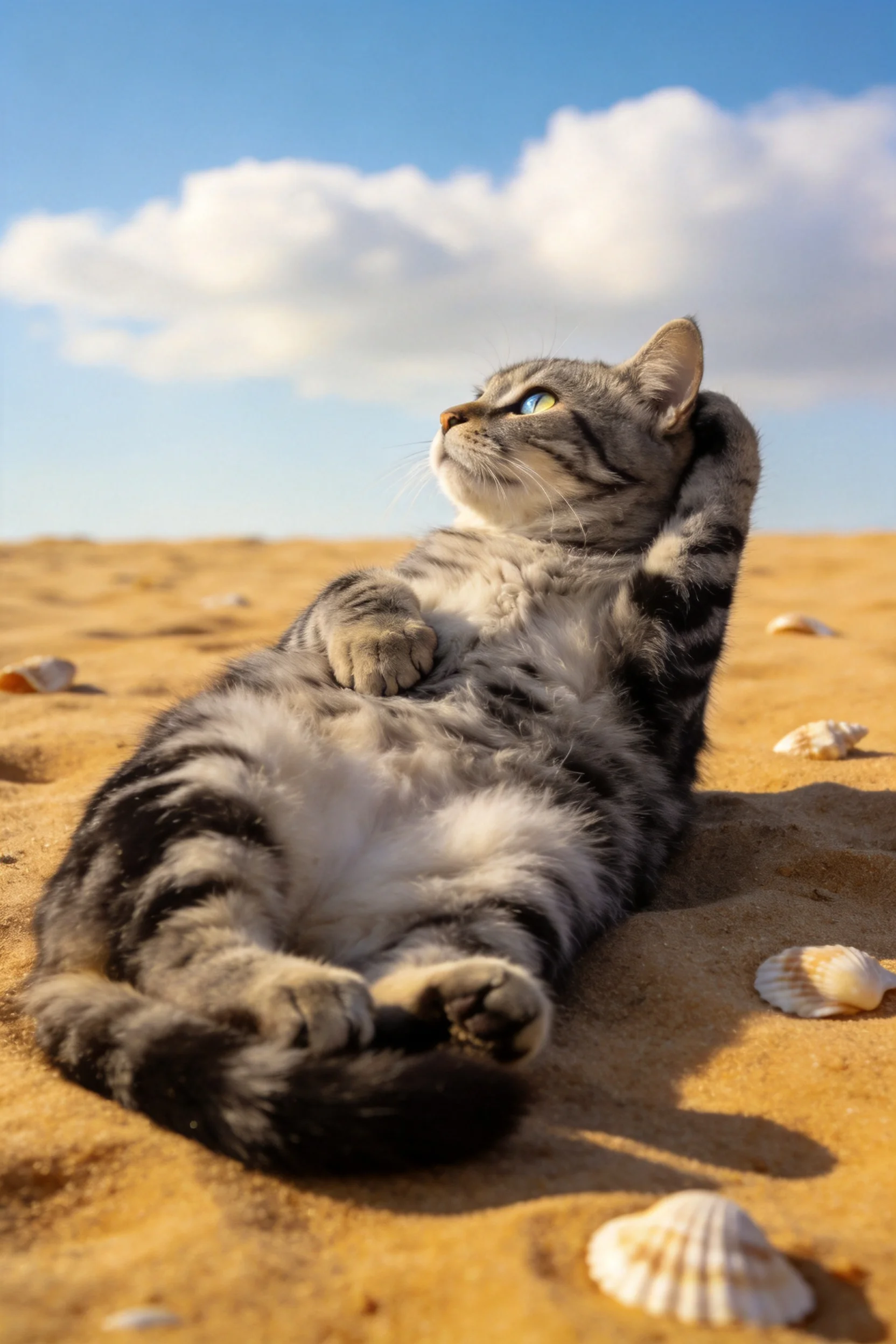 短毛家猫仰卧在沙滩上,灰黑相间的皮毛在阳光下清晰可见,周围散落着几只贝壳。