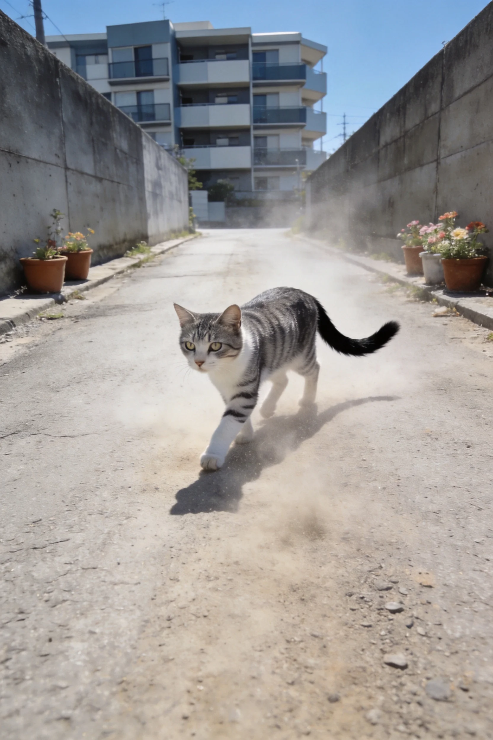灰白相间短毛家猫,身上有清晰条纹,正走在扬起尘土的小巷中。