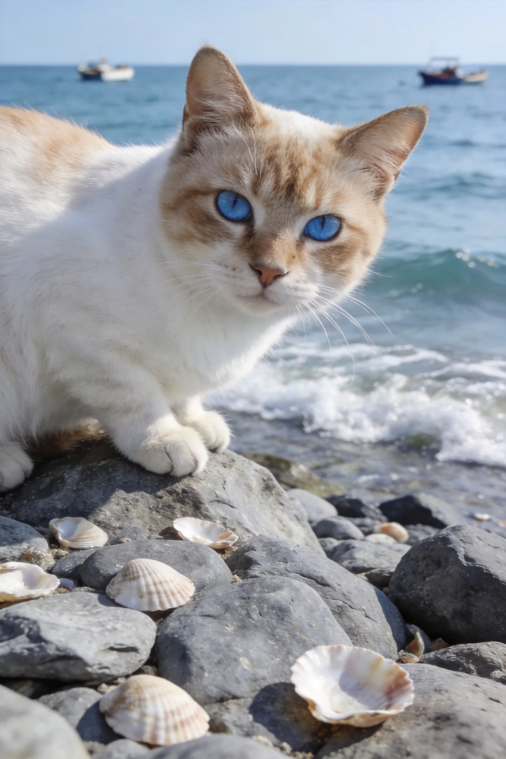 白橘蓝眼短毛猫趴在海滩礁石上，澄澈蓝色眼睛明亮，周围有贝壳和礁石。