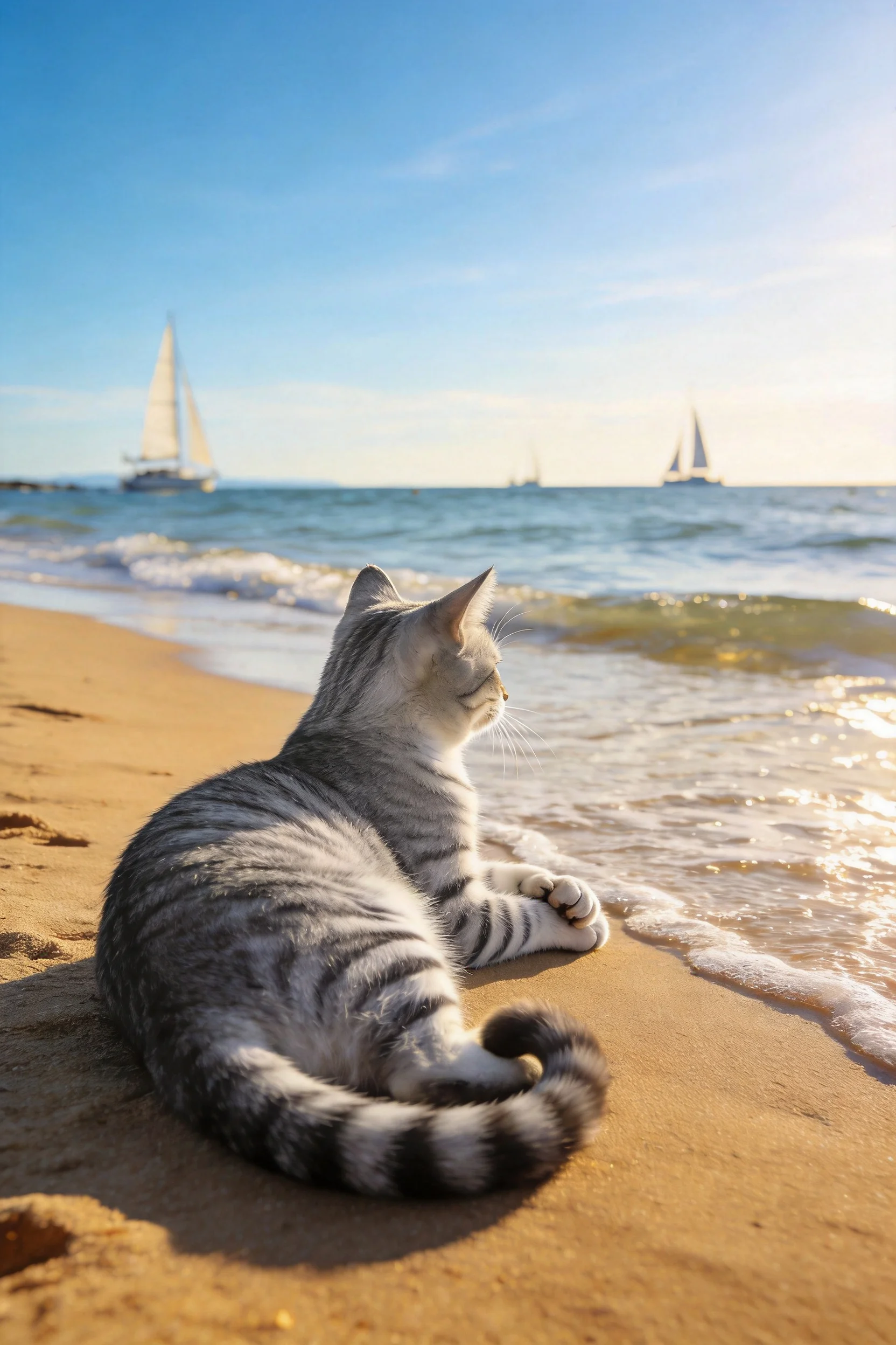灰白相间短毛猫趴在沙滩上，皮毛有清晰条纹，耳朵竖起面向大海。