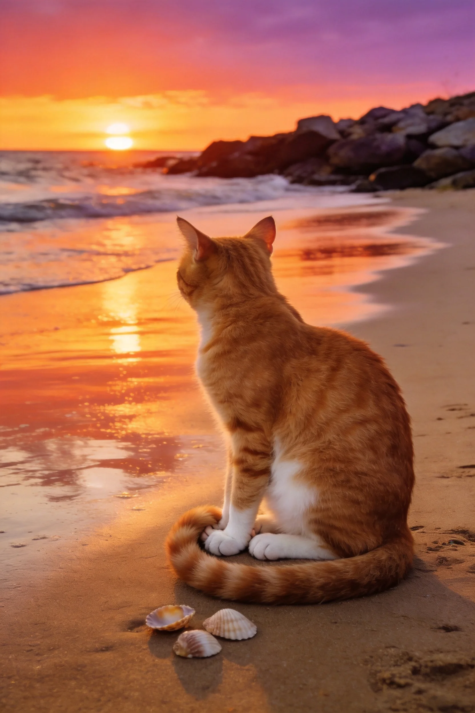 橙白相间短毛家猫安静地坐着,橘色的被毛在夕阳下显得格外温暖,白色的爪子放在沙滩上,姿态放松。