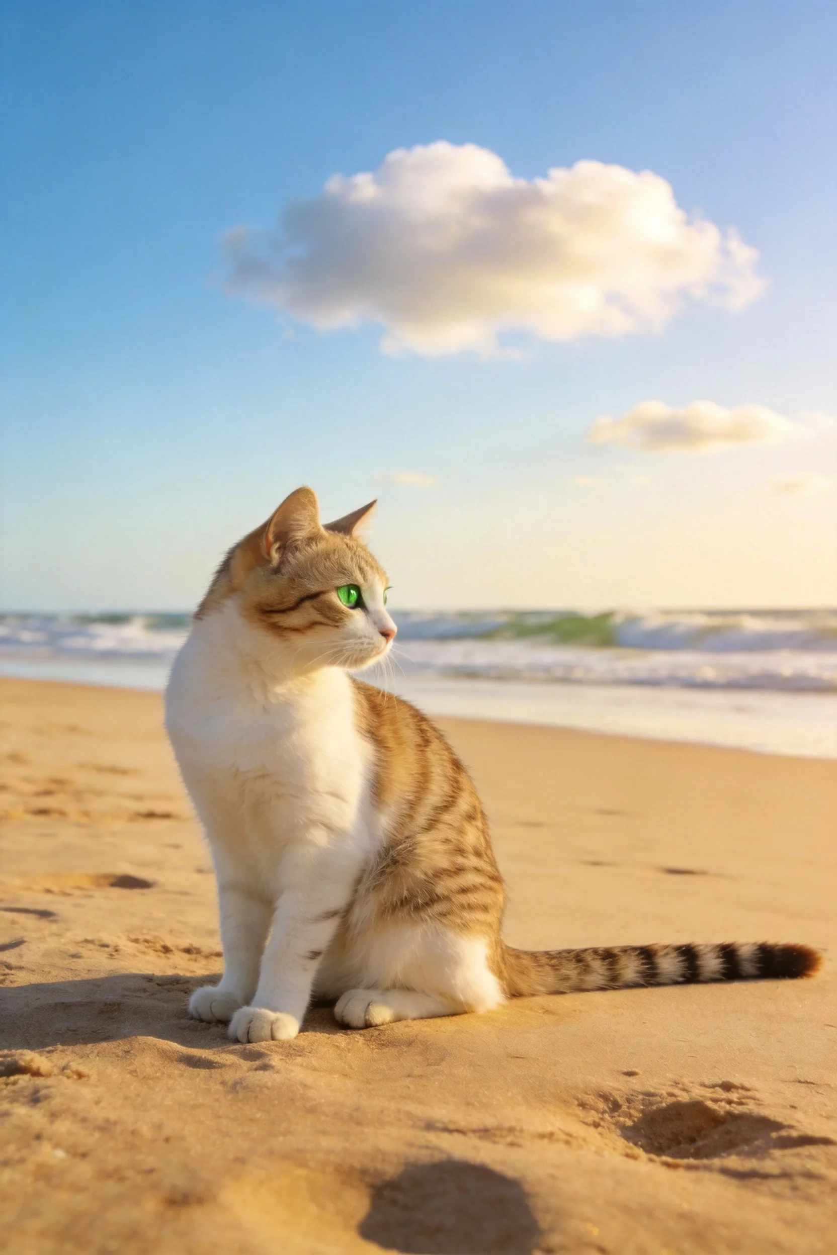短毛家猫有着棕白相间的被毛和明亮的绿色眼睛,正坐在沙滩上观察海浪。