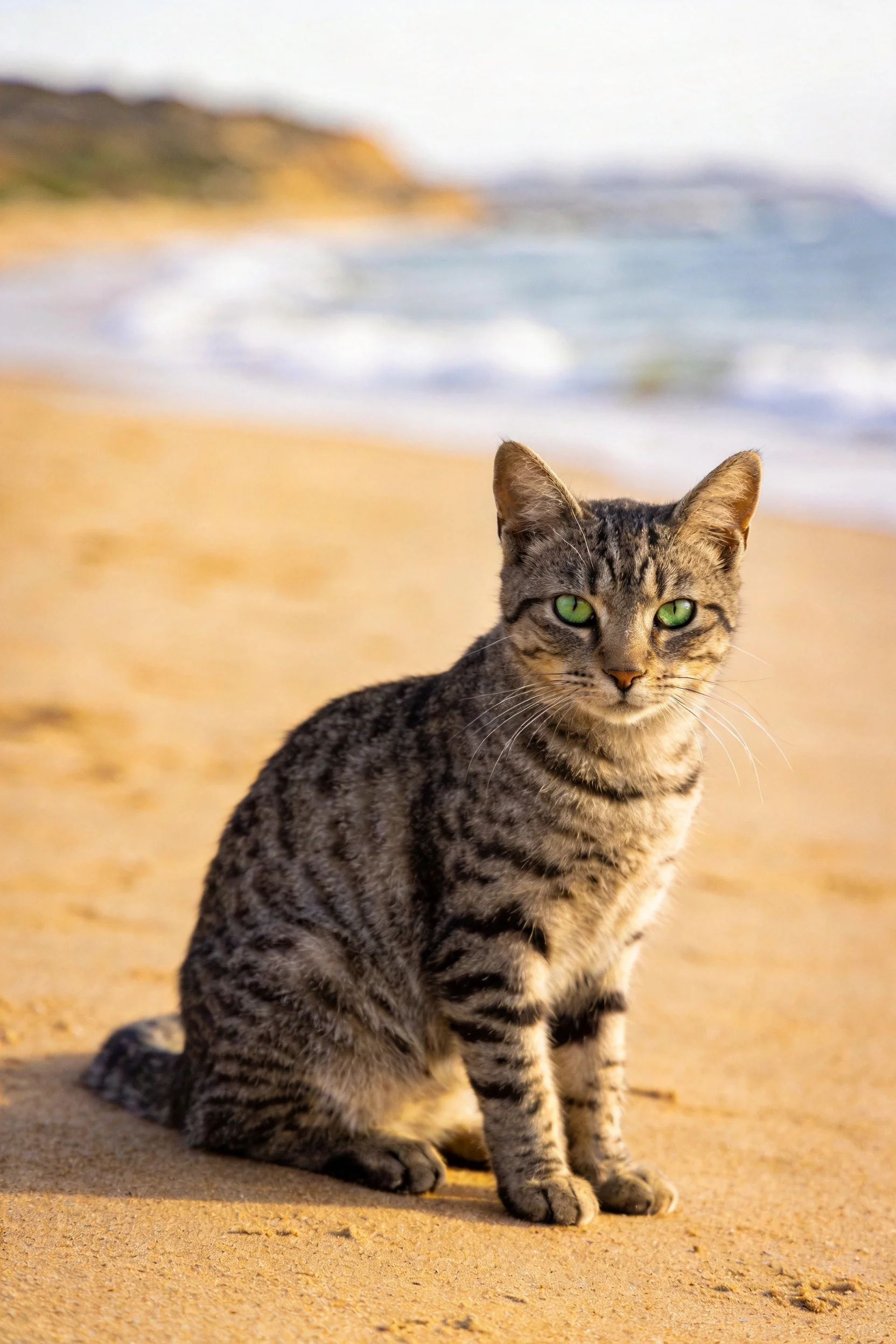 短毛虎斑猫有着绿色眼睛和典型虎斑纹路,安静坐在沙滩上凝视镜头。