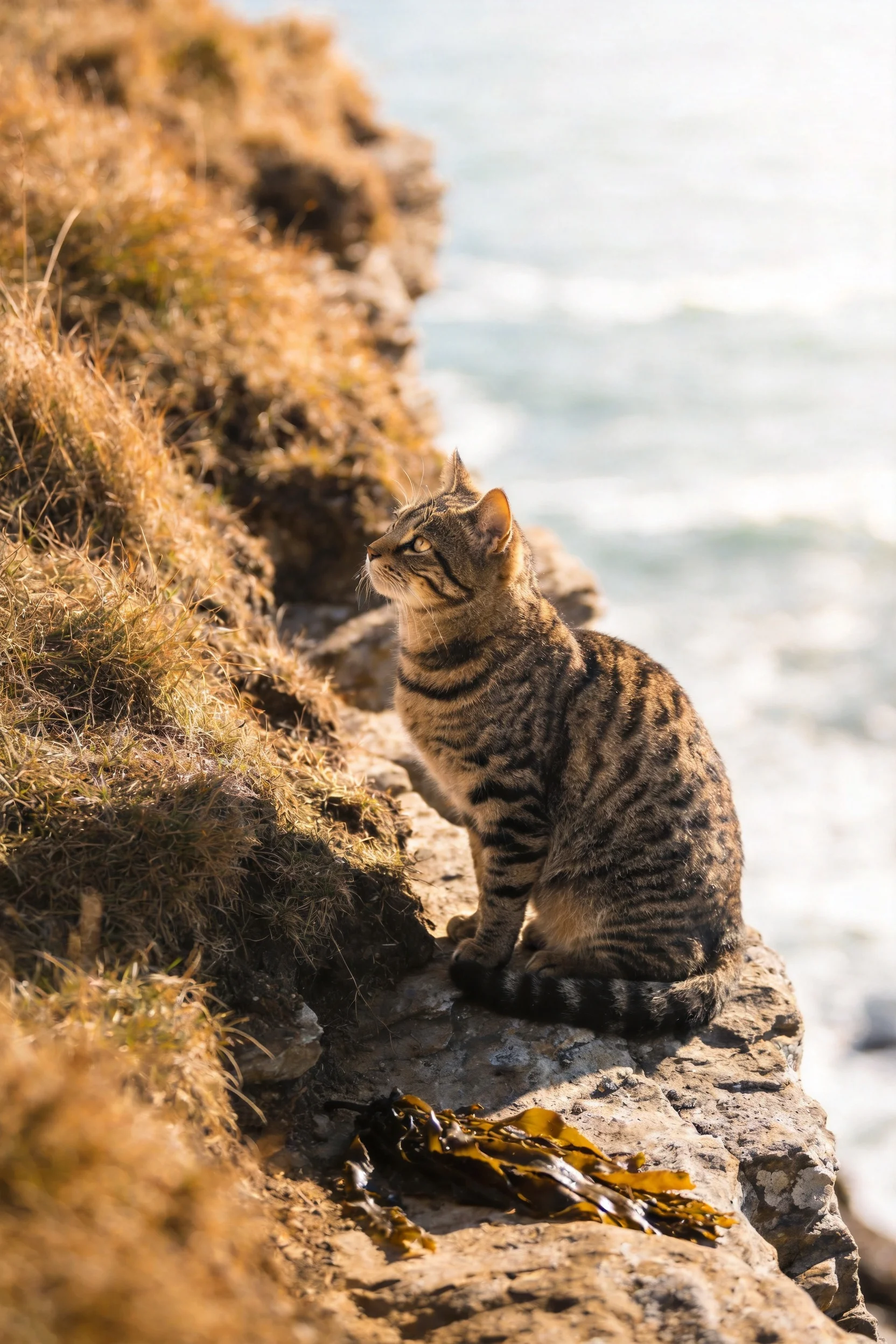 短毛虎斑猫正安静地坐在海边岩石上,目光投向远方的海面,身上清晰的虎斑纹在阳光下显得格外醒目。