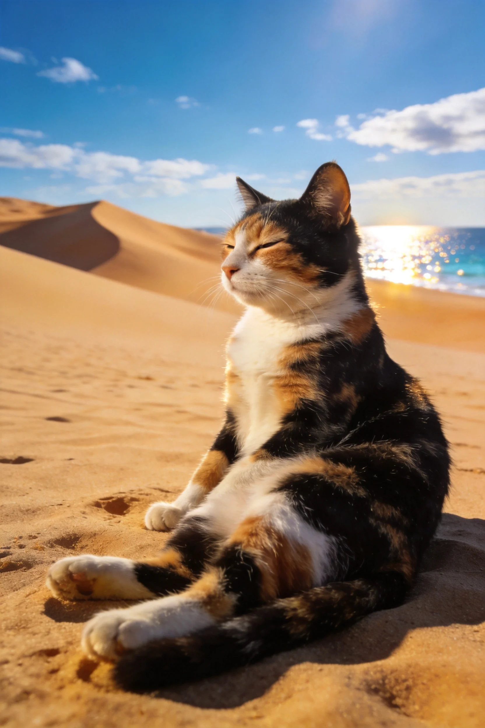 三色短毛家猫有着黑橙白相间的斑纹,正安静地坐在金色地上,周围是沙漠与海洋相连的开阔景致。