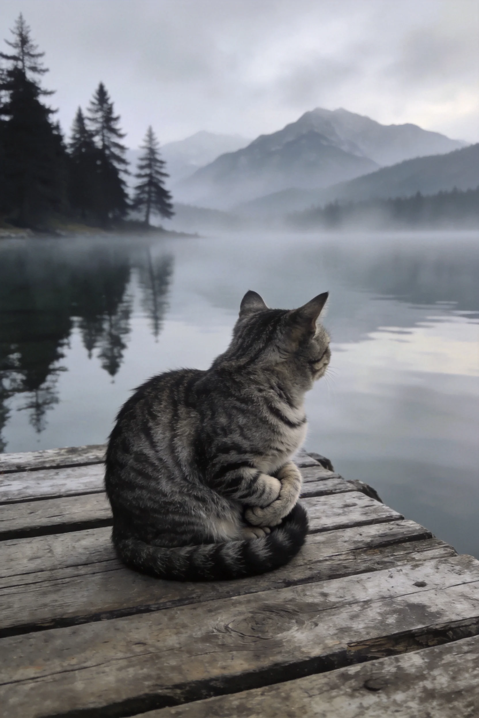 短毛虎斑猫蜷坐于木栈道,凝视远方山林,皮毛呈现典型虎斑纹路特征。