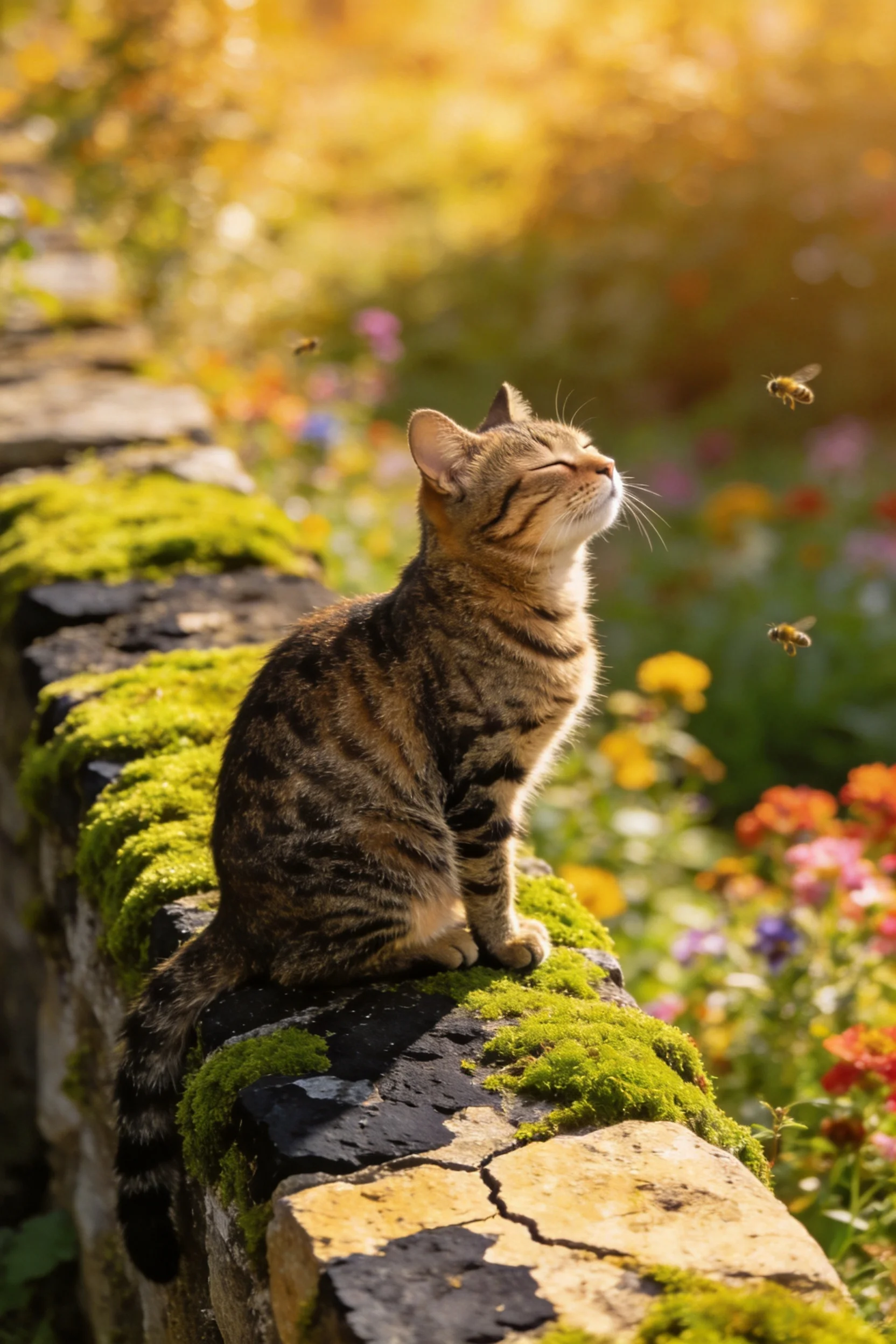 短毛虎斑猫双眼微闭凝视空中的昆虫,身上虎斑纹路清晰可见。