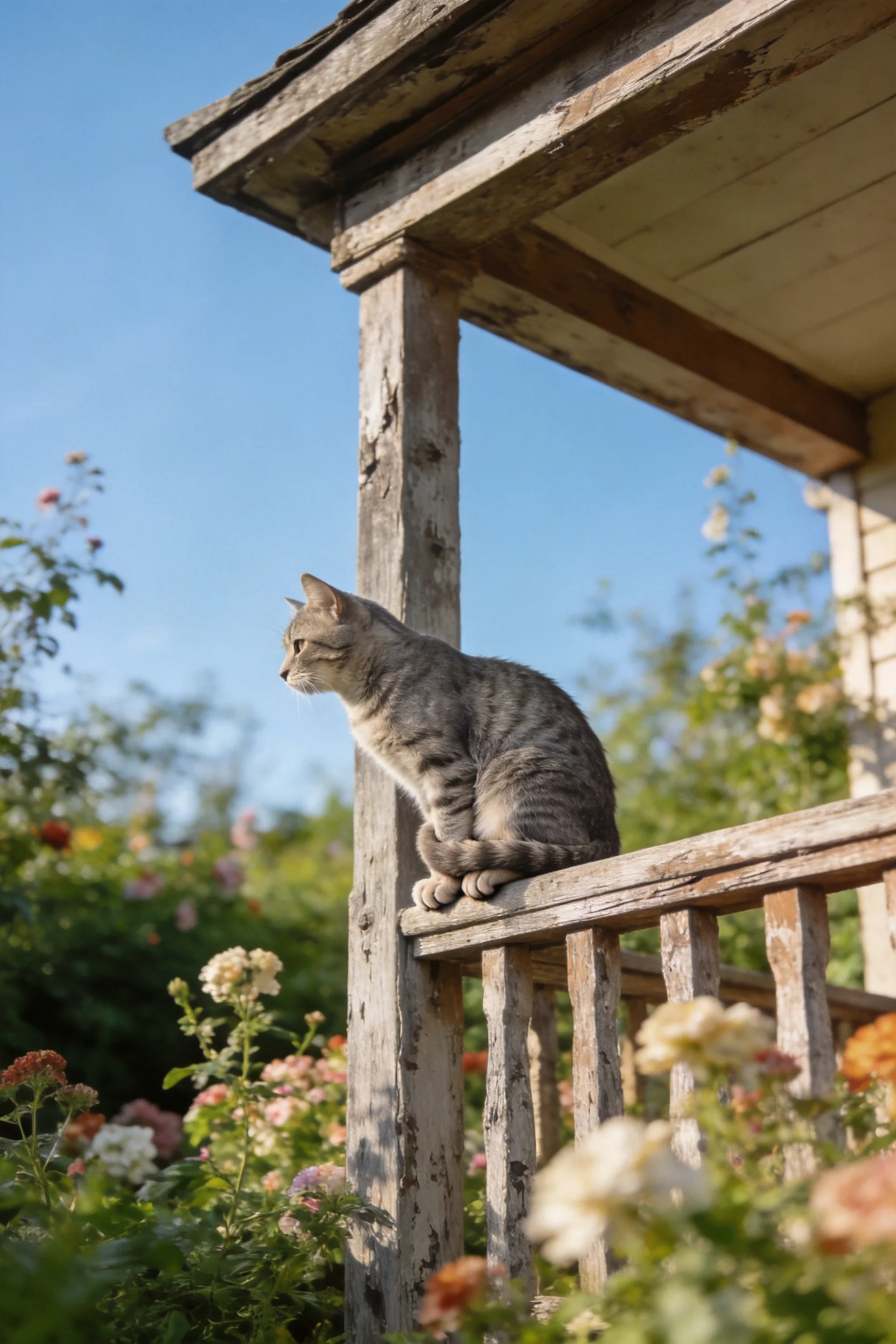灰虎斑短毛猫安静地栖息在老旧木屋的门廊栏杆上,皮毛呈现出清晰的虎斑纹理。
