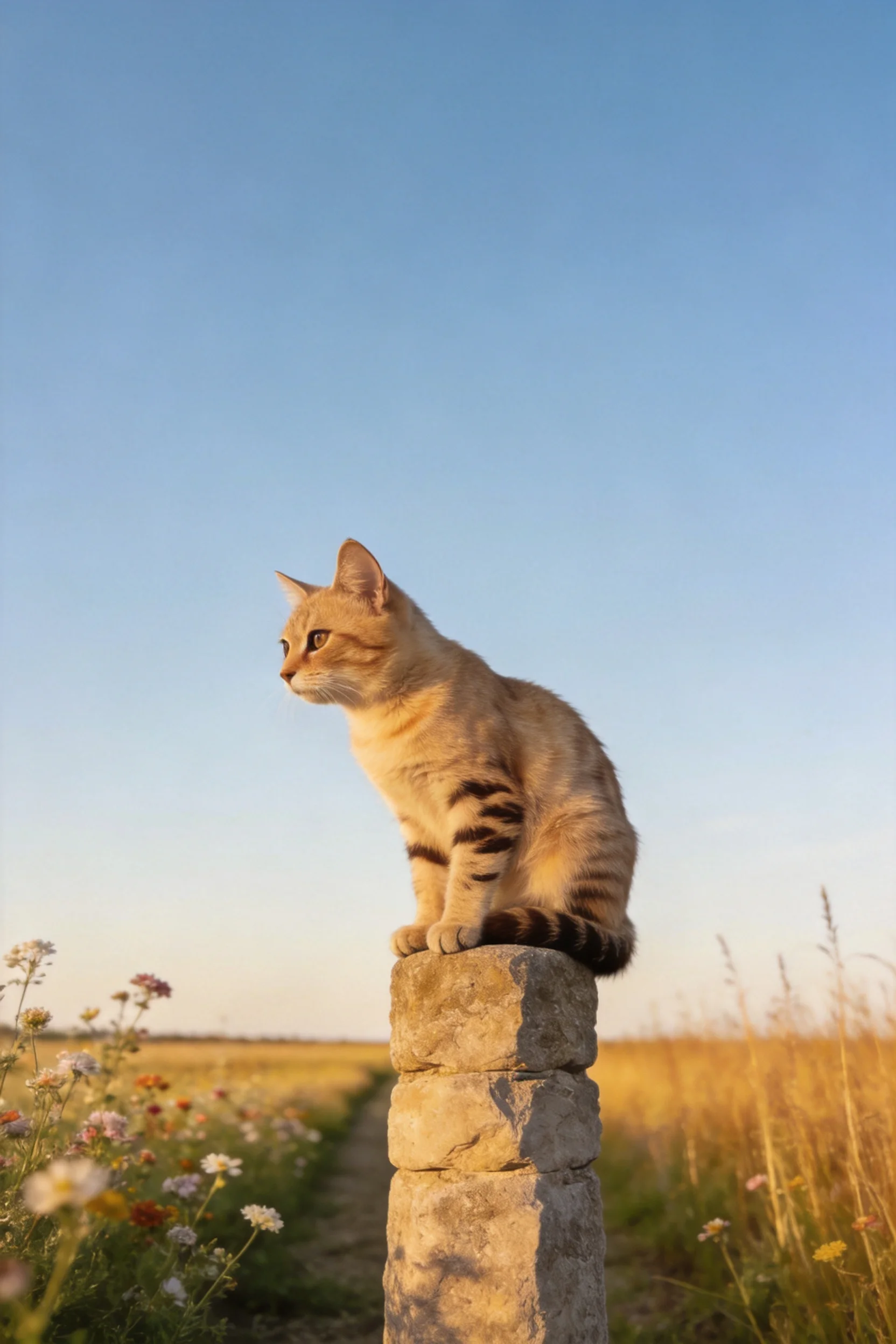 橙白相间带黑纹的短毛家猫正坐在石堆顶端,皮毛柔软且带有明显的斑纹特征。