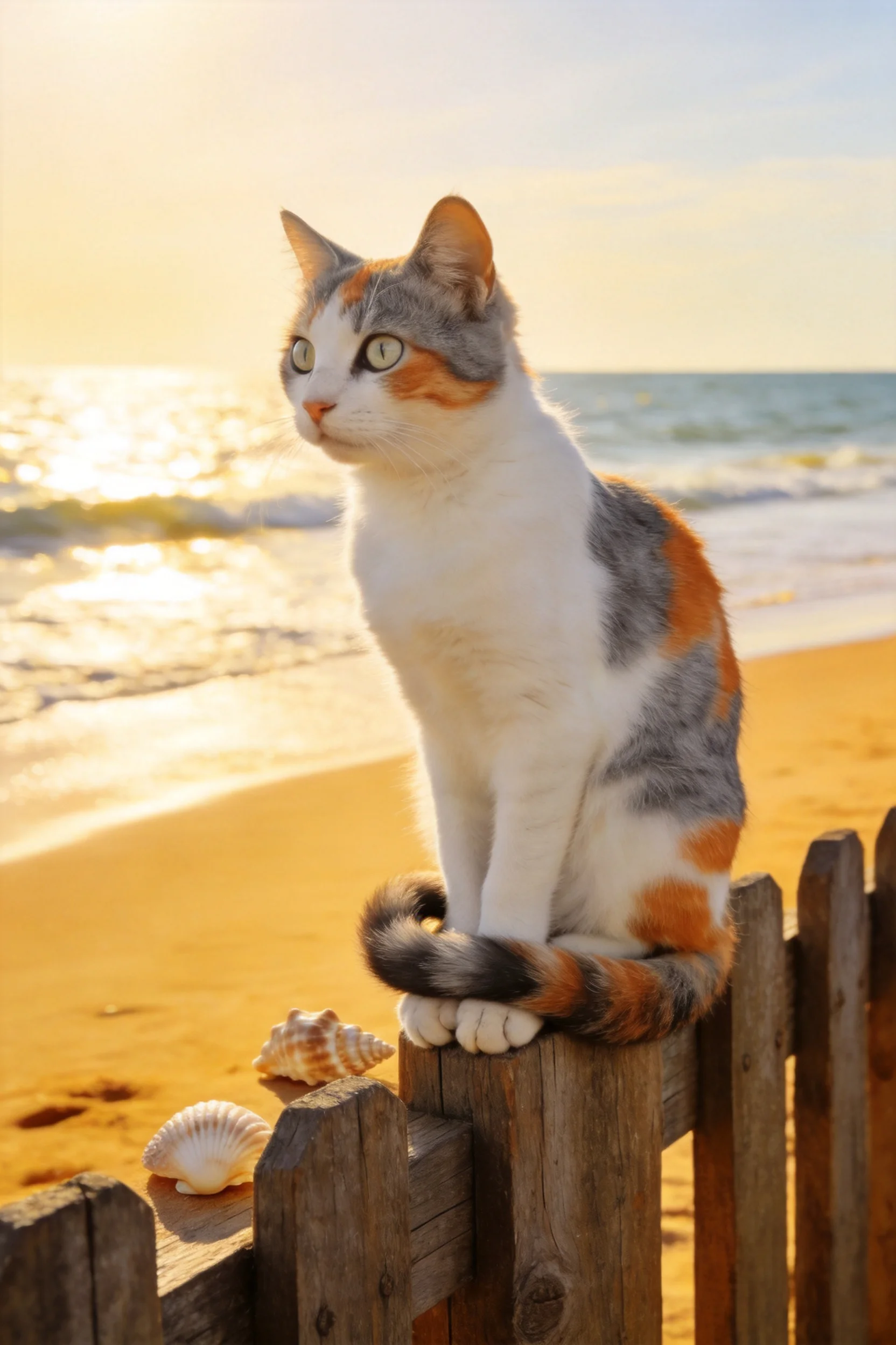 三色短毛家猫安静地坐在海滩木栅栏上,橙灰白相间的皮毛在夕阳下显得格外醒目,尾巴卷曲着搭在栏杆上。