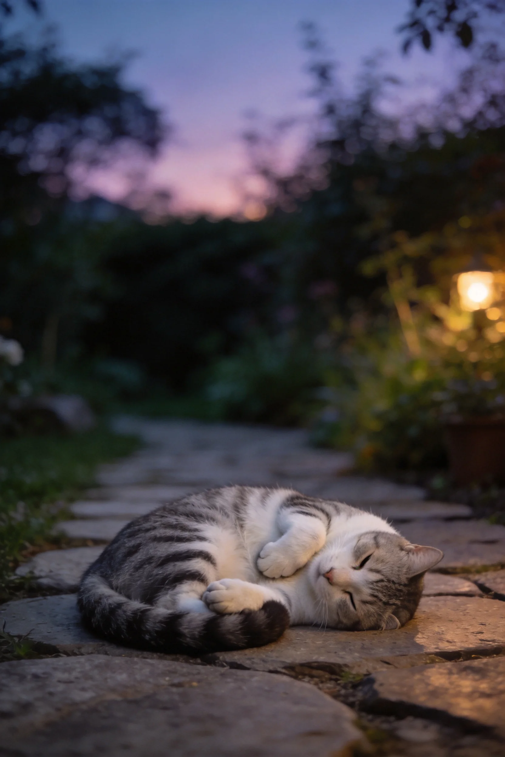 灰白条纹短毛家猫蜷卧在花园石板路上,毛发呈清晰虎斑纹纹理。