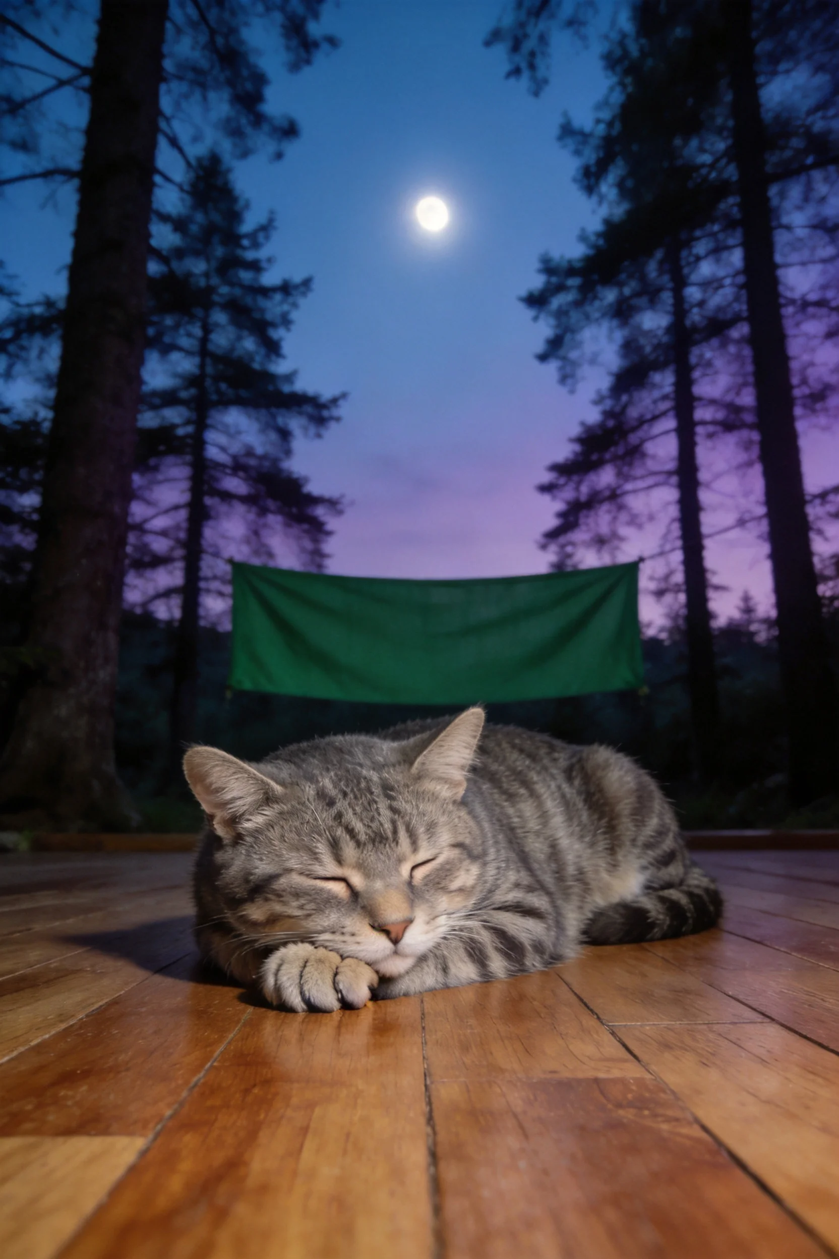 灰虎斑短毛家猫安静趴卧木质平台上,虎斑花纹清晰,周围是夜晚森林环境。