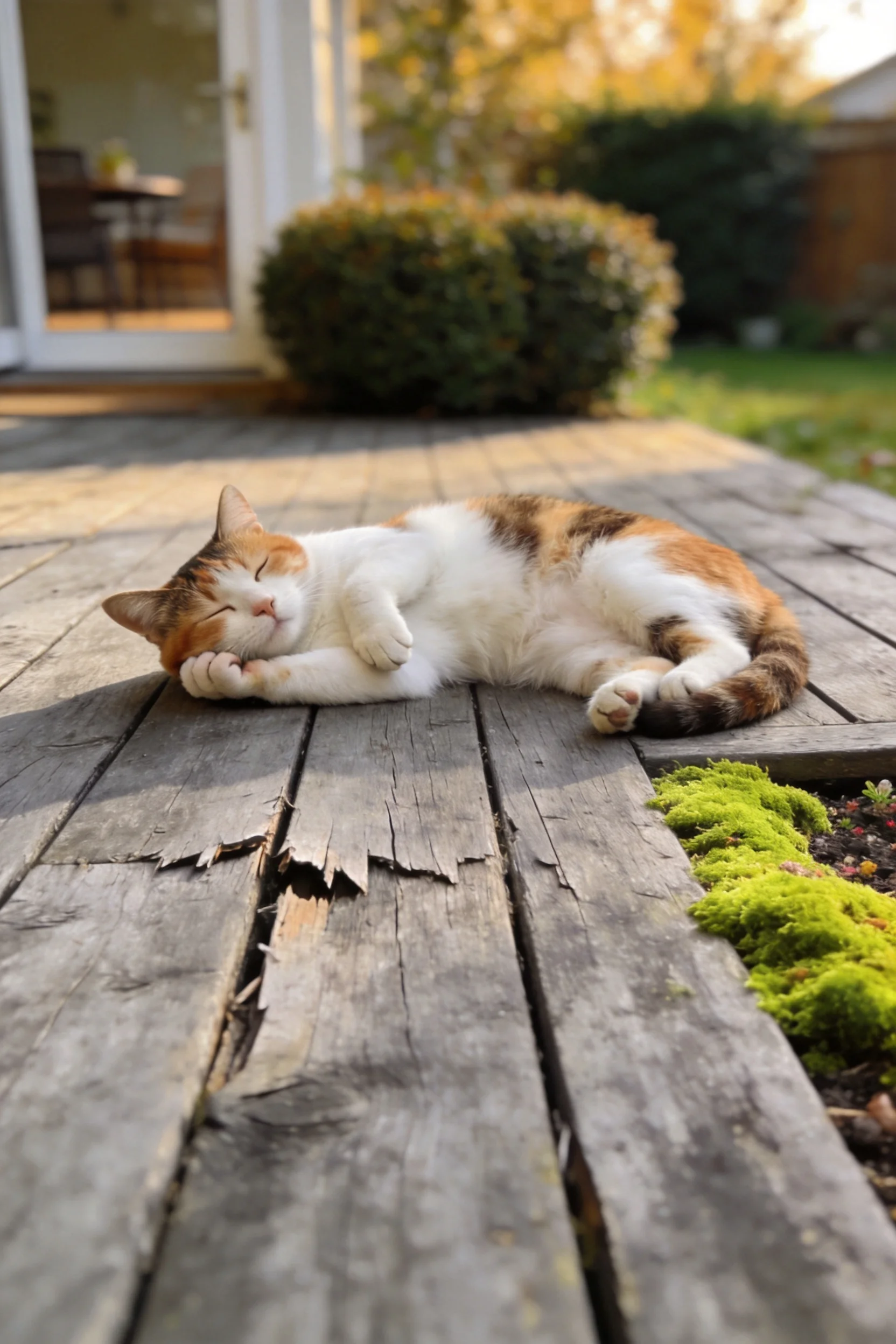 三色短毛家猫安静地躺在木质平台上,橙白相间的脸部与彩色毛发清晰可见。