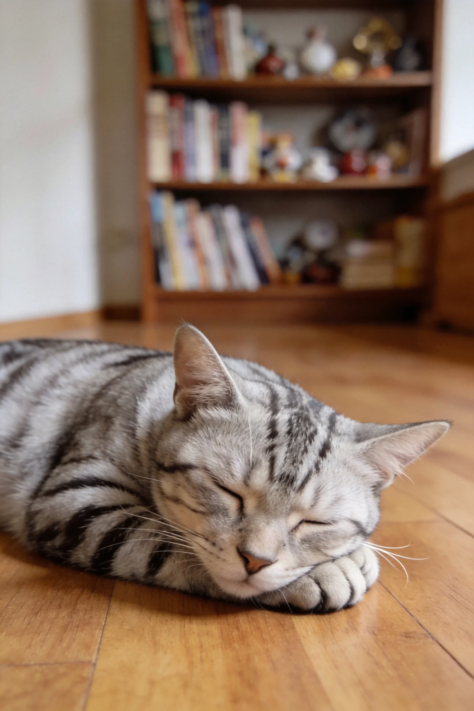 银灰虎斑短毛猫安静趴卧,身上有清晰的虎斑纹,前爪毛发柔软。