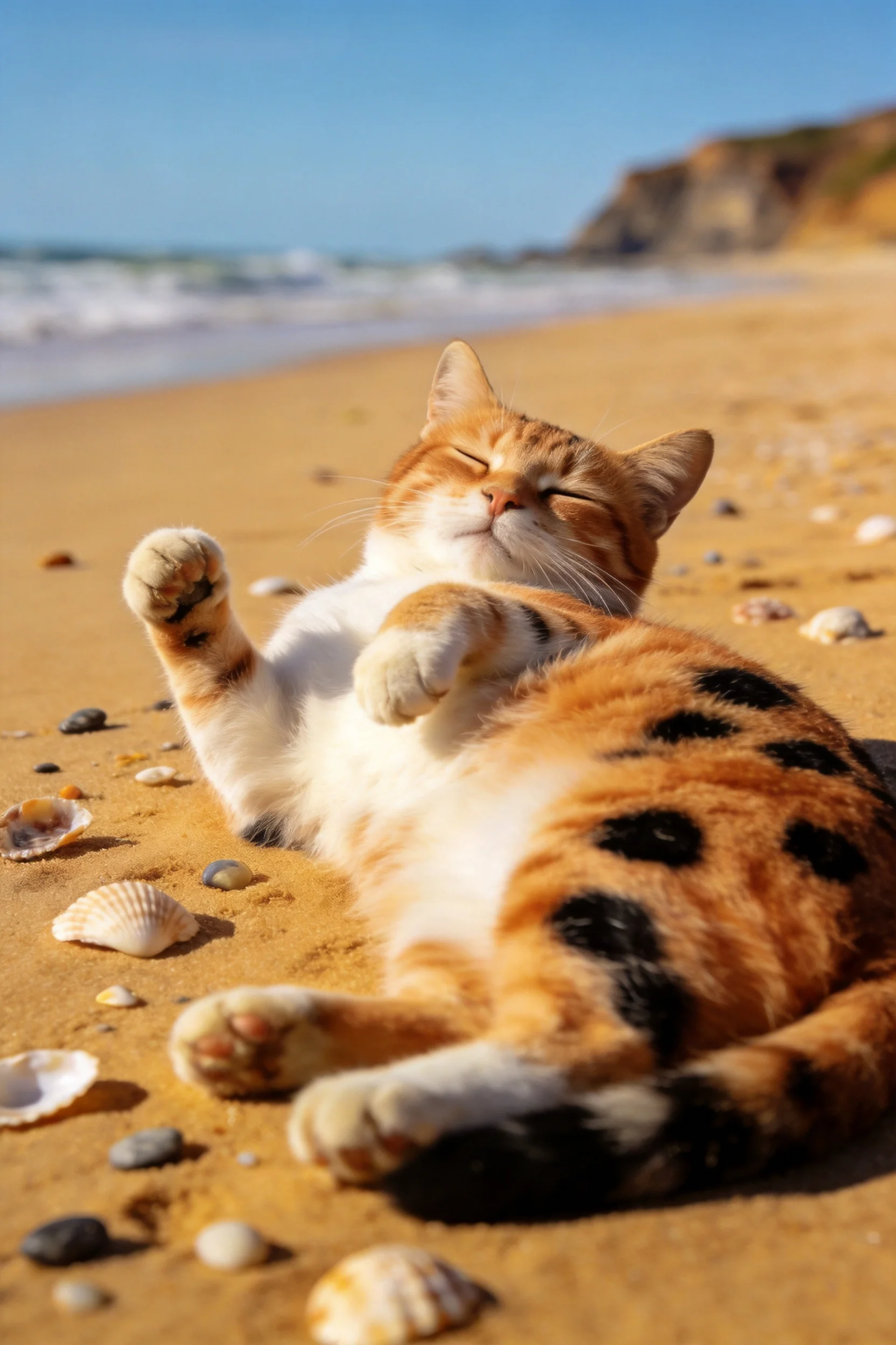 橙白相间短毛猫背部朝上躺在沙滩上,身上有黑色斑点,周围散落着贝壳。