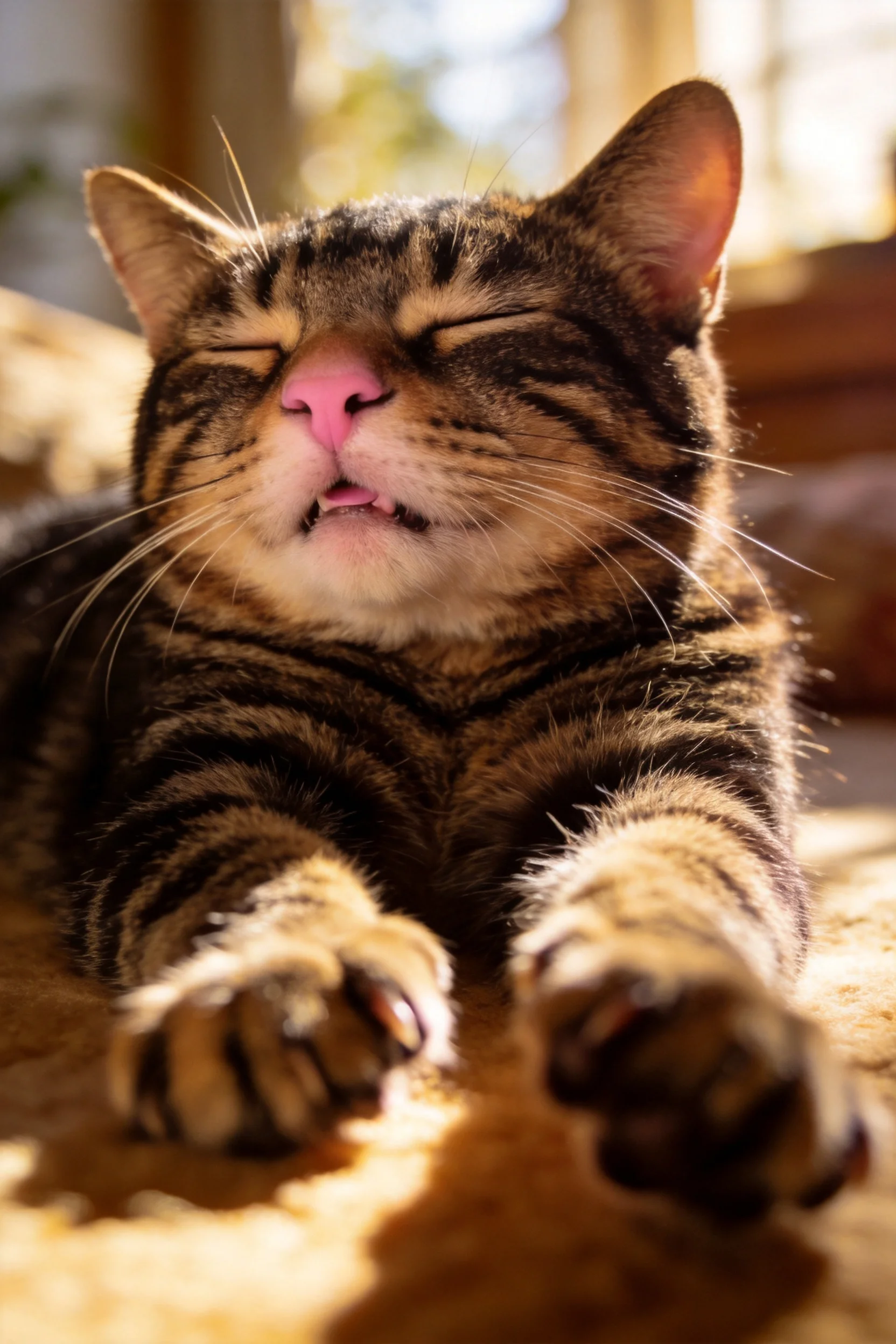 短毛虎斑猫在室内光线下闭眼放松，粉红色鼻头清晰可见，前爪向前伸展。