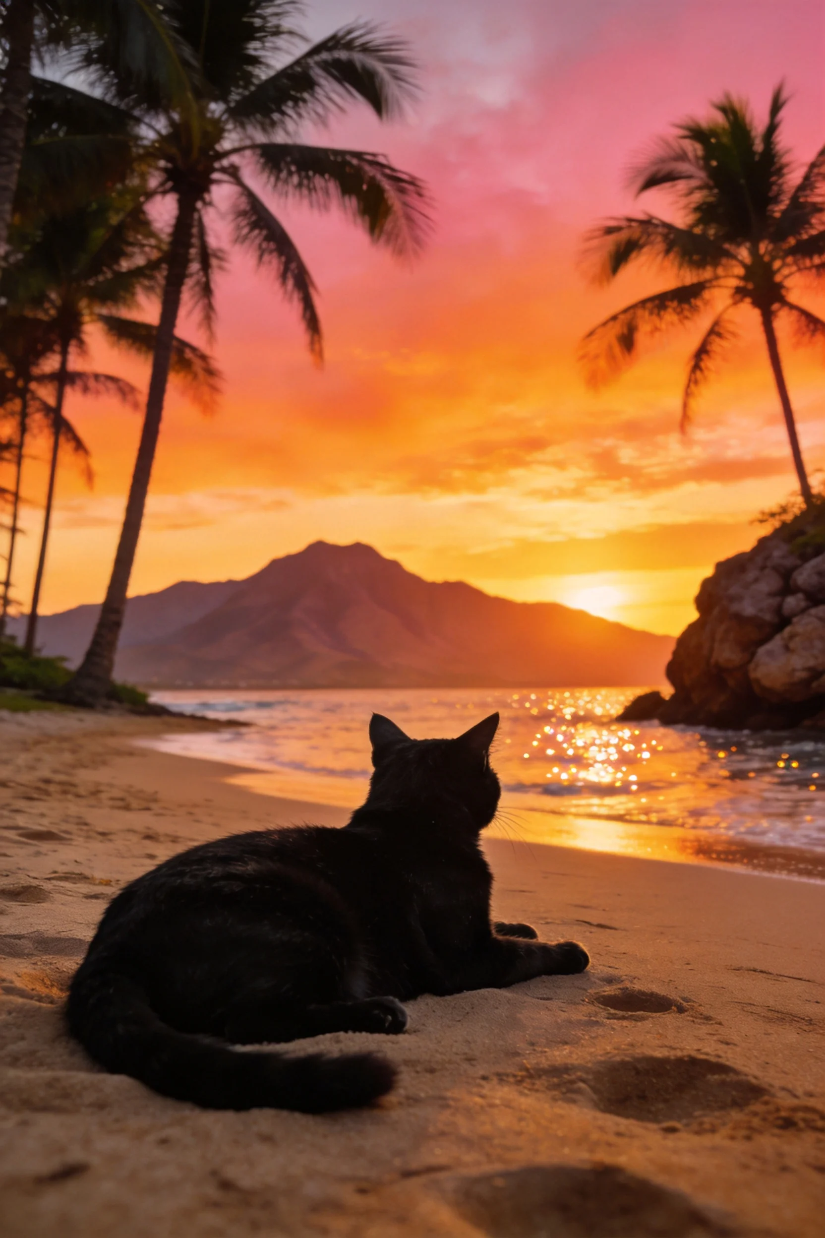 一只短毛家猫趴在沙滩上,黑色的皮毛在夕阳下显得很醒目,它正凝视着远方的海岸线和山脉。