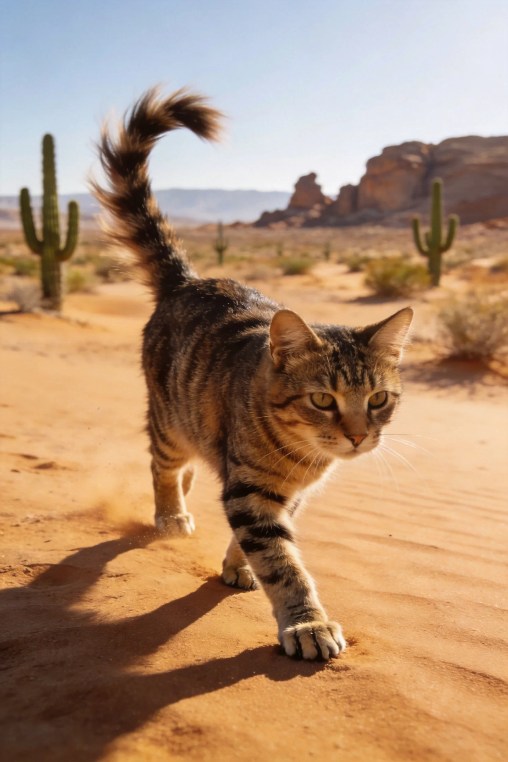 短毛虎斑猫在沙漠沙地上行走,棕黑相间的虎斑纹清晰,爪子轻触沙面。