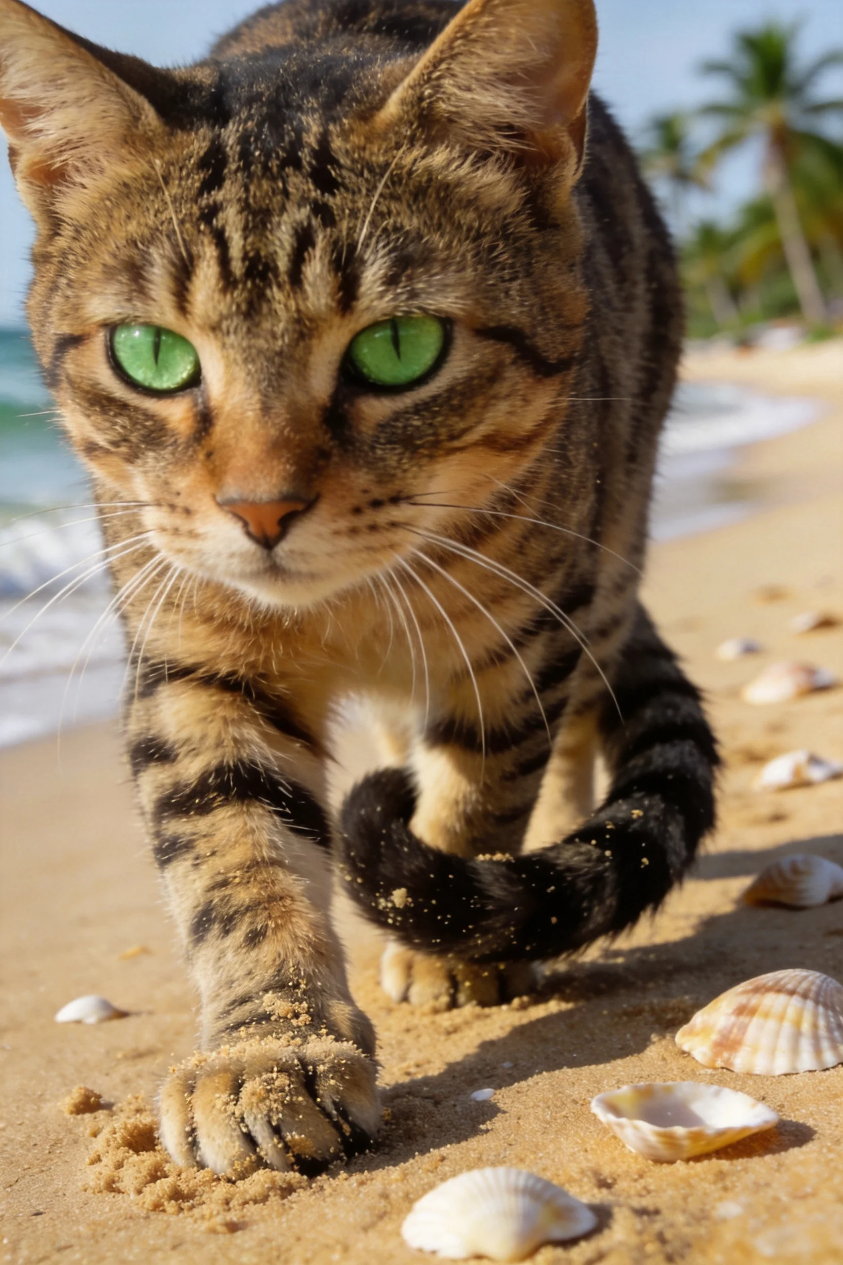 一只短毛虎斑猫,有着清晰的虎斑纹理和绿色眼睛,正走在布满贝壳的沙滩上,前爪沾着沙粒。