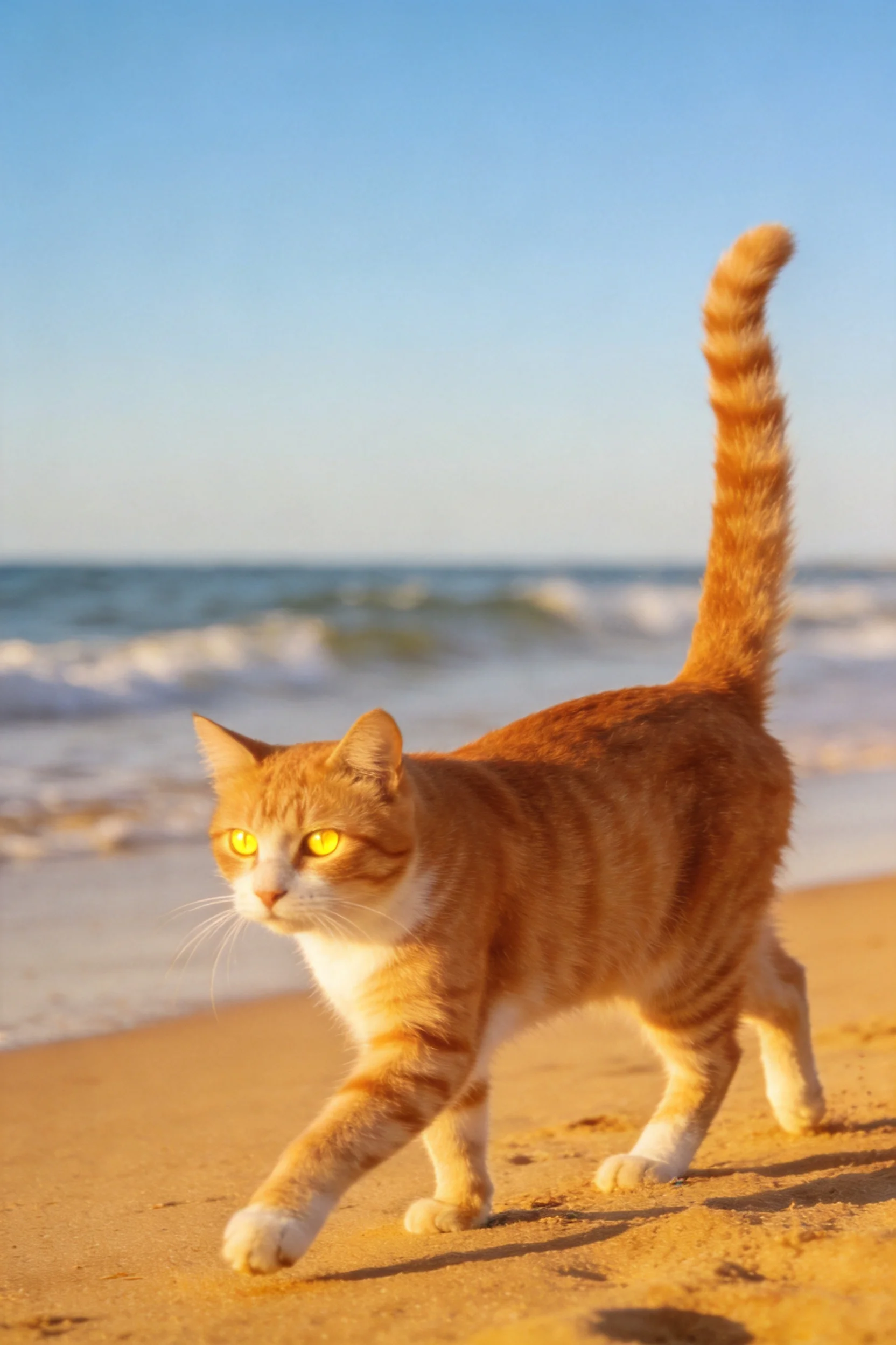 橘色短毛家猫在沙滩上行走,拥有橙黄色带条纹的皮毛和明亮的黄色眼睛。