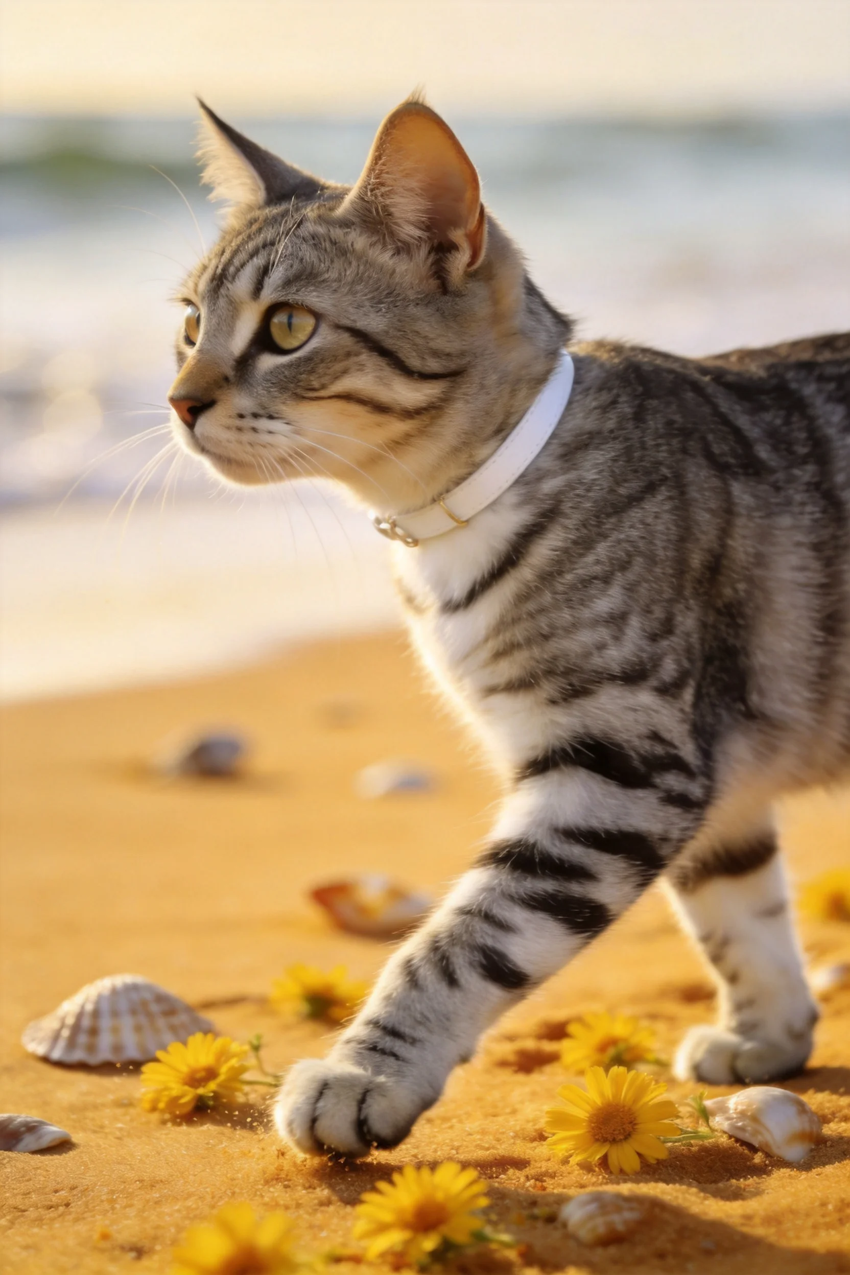 虎斑短毛猫有着黑白相间的斑纹，黄色的眼睛明亮清澈，正行走在沙滩之上。