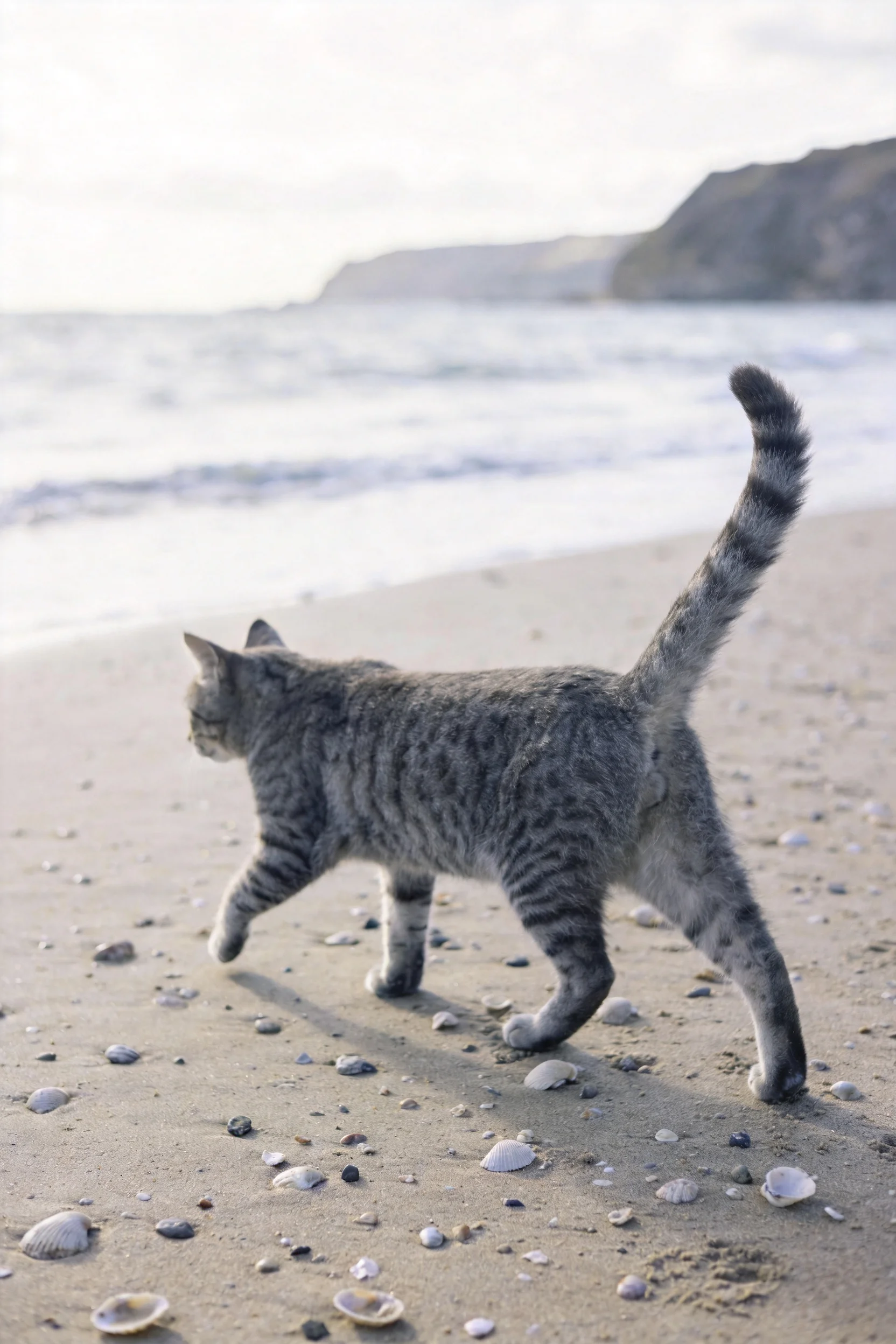 灰虎斑短毛猫在沙滩上行走，尾巴高高翘起，灰色虎斑花纹清晰可见。