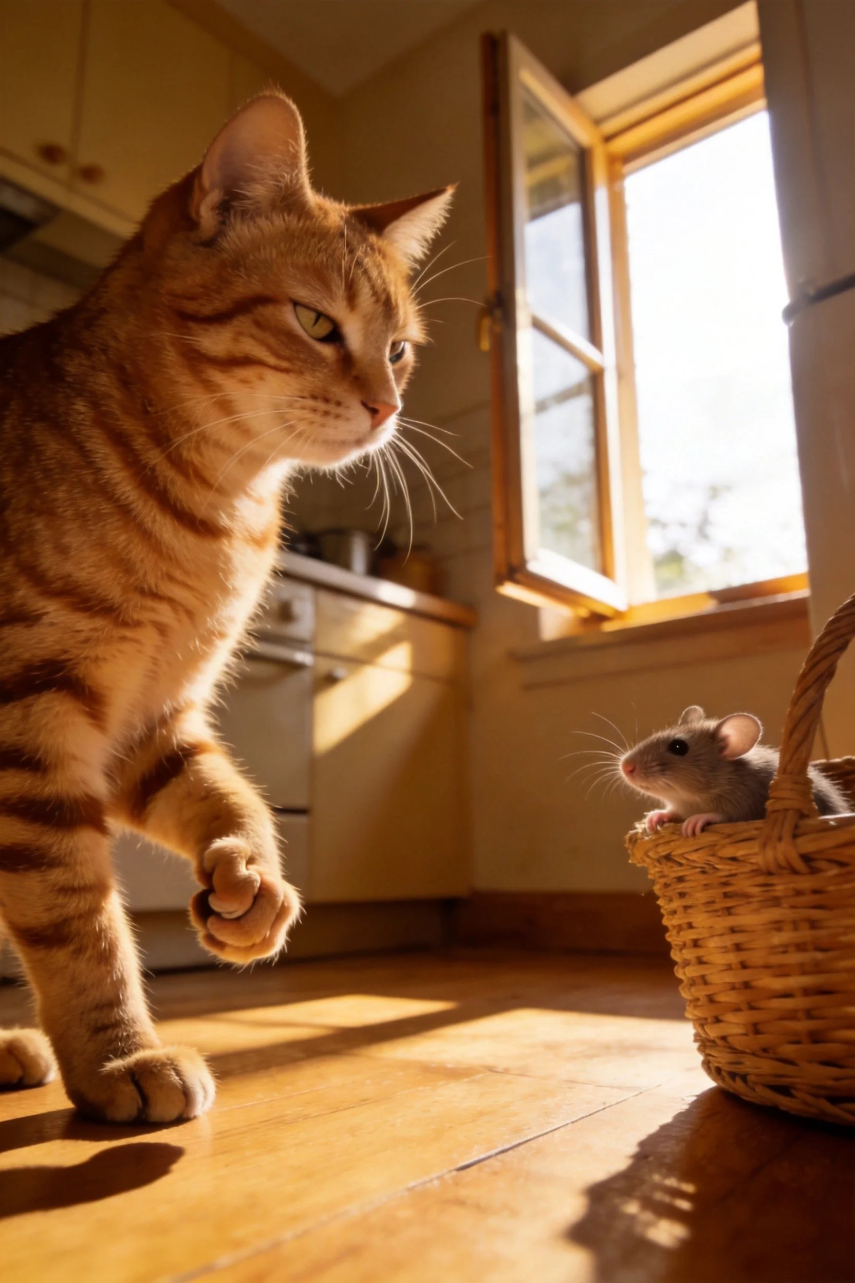 短毛虎斑猫注视篮中褐家鼠,橙棕色皮毛带有清晰条纹,处于暖光照射的室内环境。