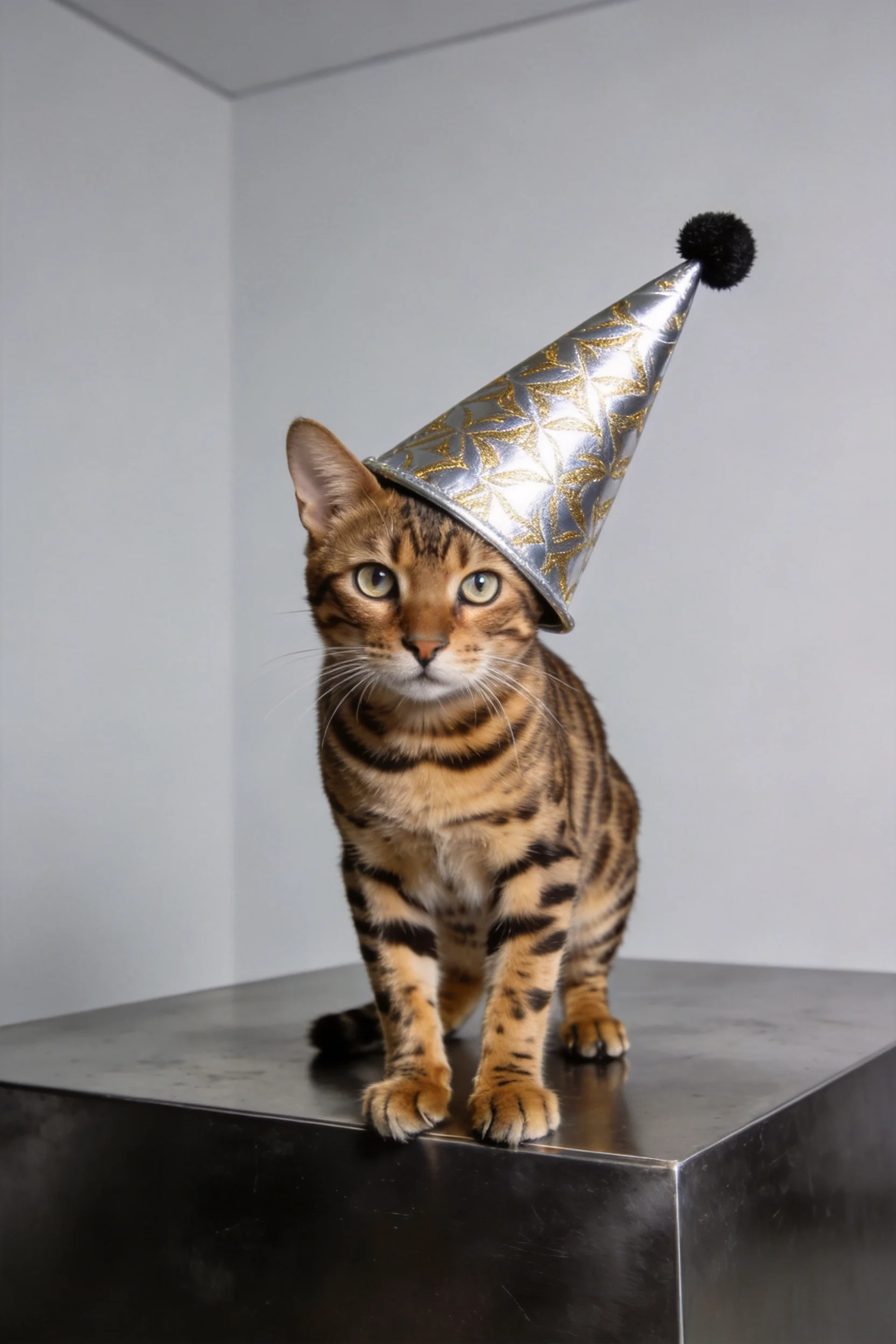 孟加拉猫戴着银灰色带金色花纹的派党帽，皮毛纹理清晰，眼神平静。