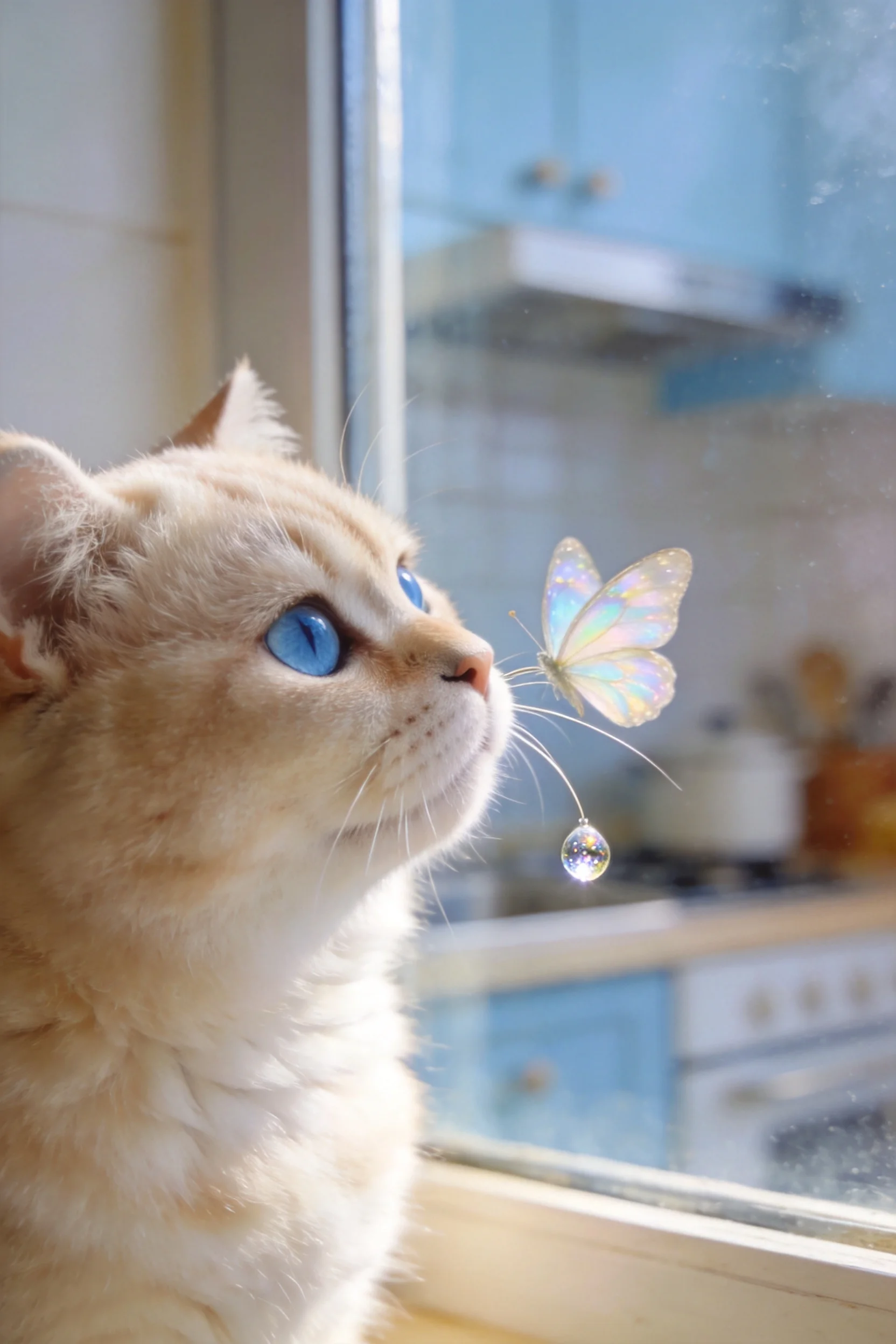 一只蓝眼浅金色家猫正专注地凝视着带有透明水滴的彩蝶,猫咪蓬松的被毛和明亮清澈的眼睛清晰可见。