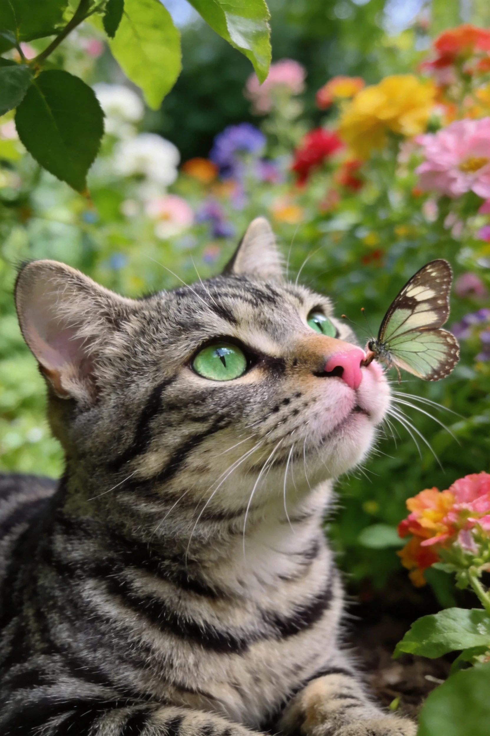 虎斑短毛猫绿色眼眸注视着停在粉色鼻头的浅绿色蝴蝶,猫咪虎斑纹理清晰可见。