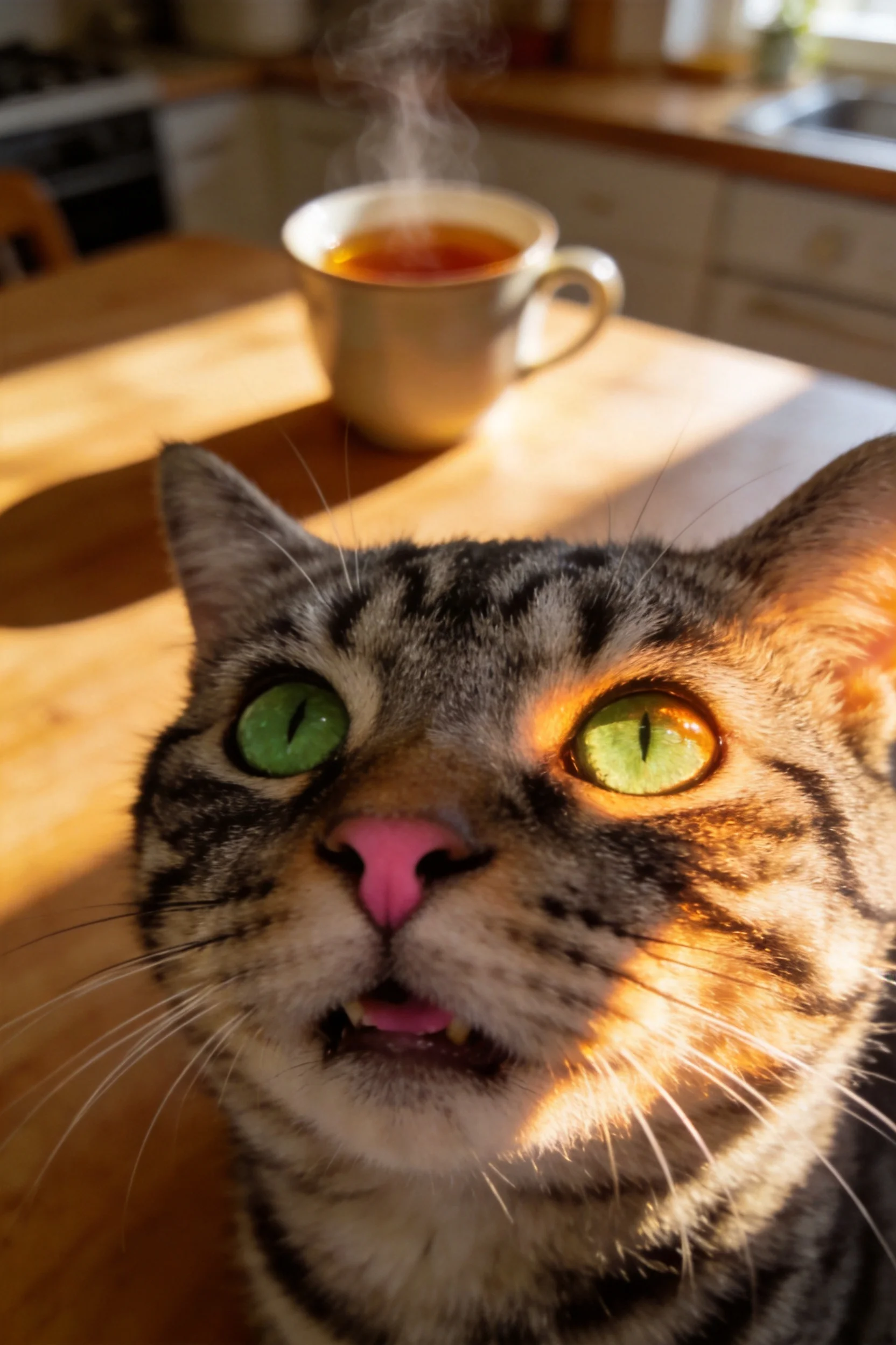 虎斑短毛猫目光直视镜头，绿眼睛明亮，木质桌上的热饮冒着热气。