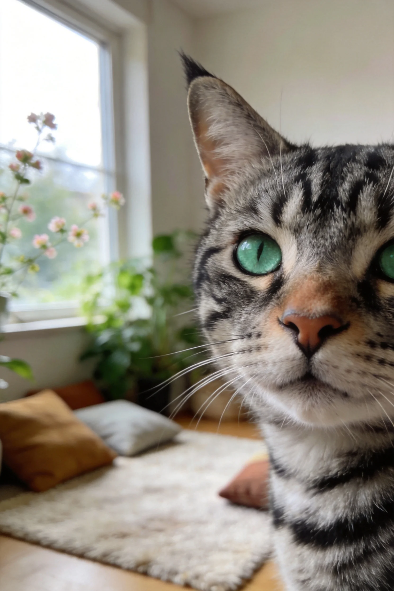 短毛虎斑家猫有着澄澈的绿色眼眸和清晰的黑色虎斑纹路，目光正视镜头。