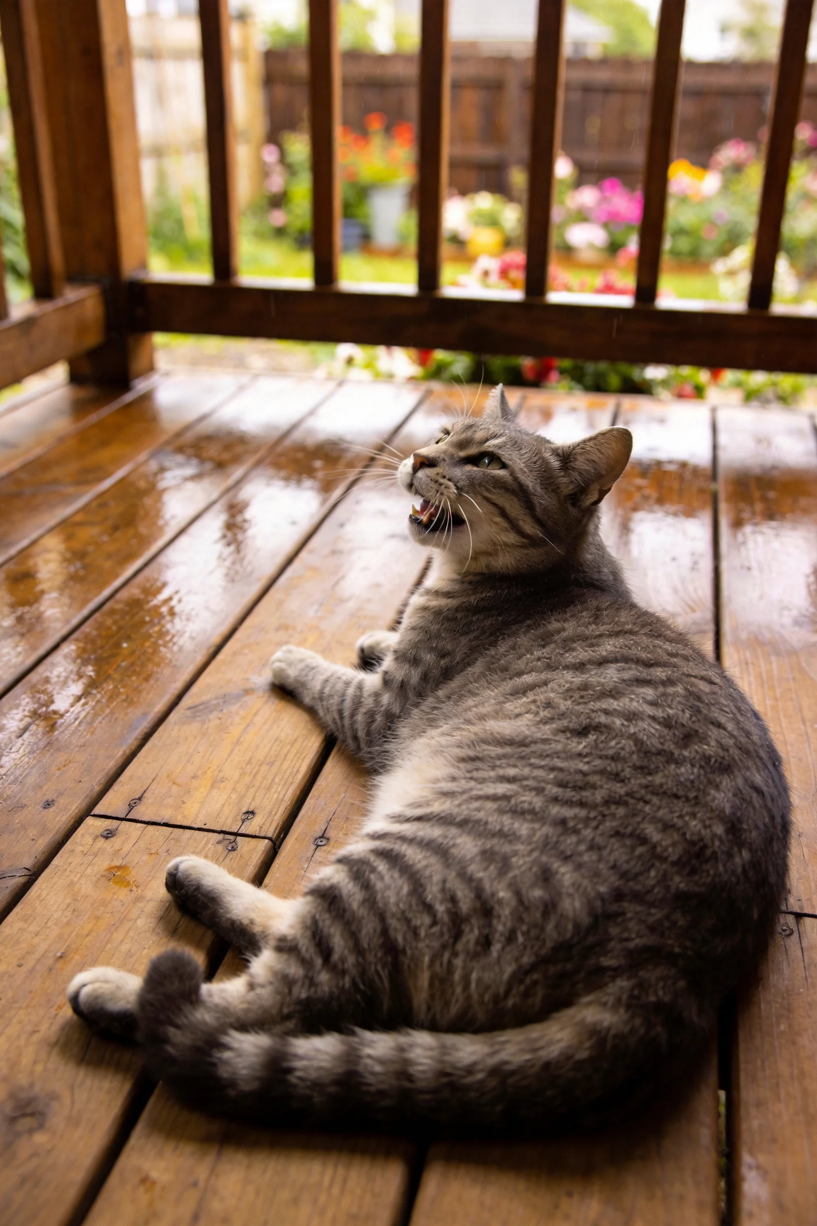 灰虎斑短毛猫趴在潮湿的木质平台上,皮毛带有清晰的虎斑纹路和舒展的姿态。