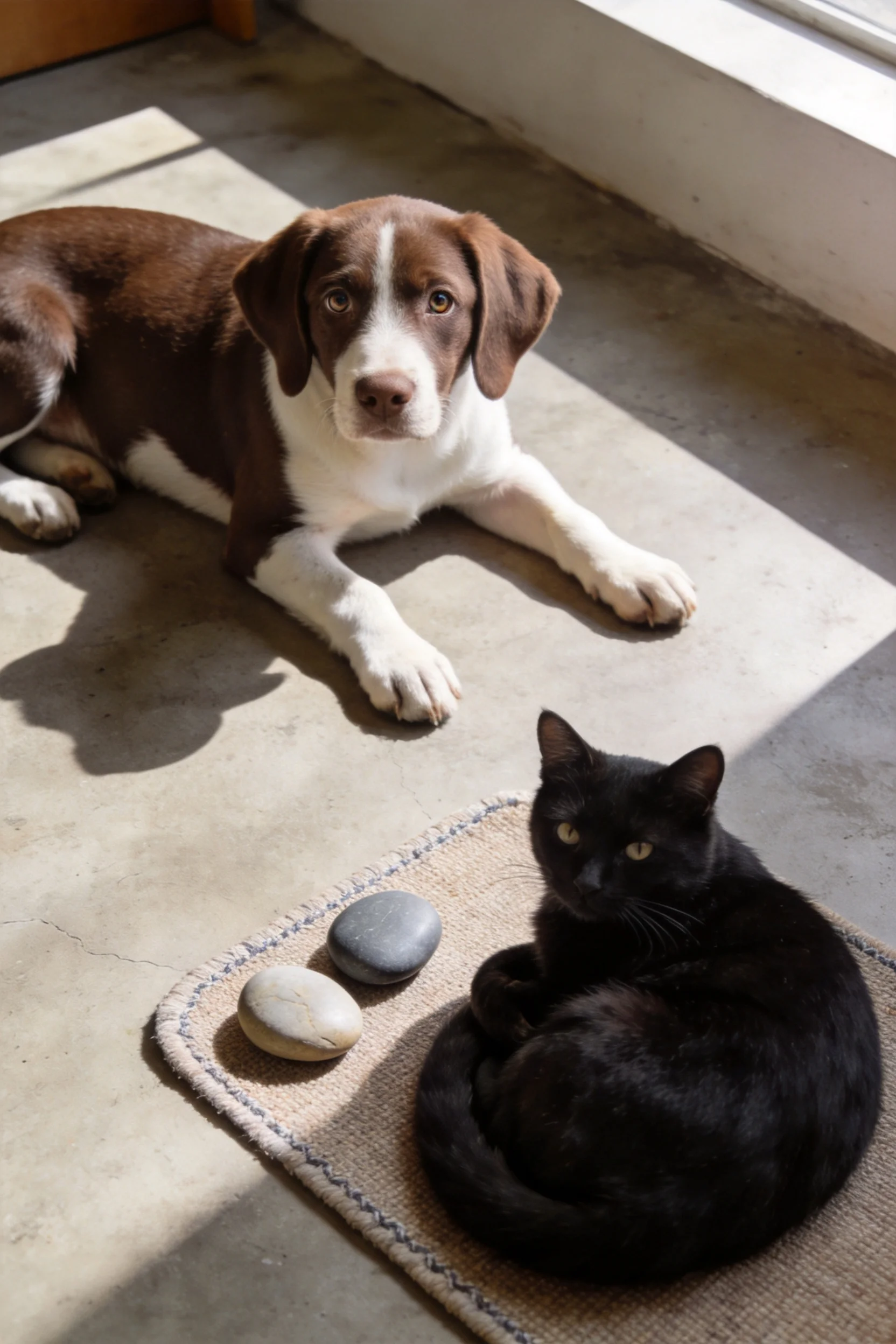 一只棕白相间的短毛指示猎犬幼犬正专注地看向一旁蜷缩着的纯黑短毛家猫,它们身处有光的室内空间,地毯上有两块光滑的石子。