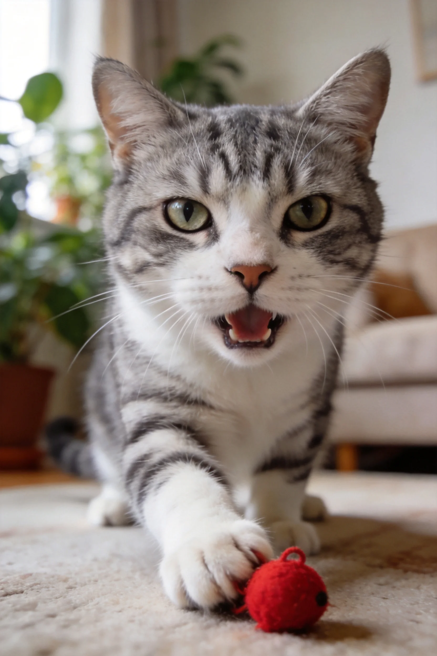 灰白短毛家猫用前爪轻触红色绒球玩具,嘴巴张开呈现玩耍状态。
