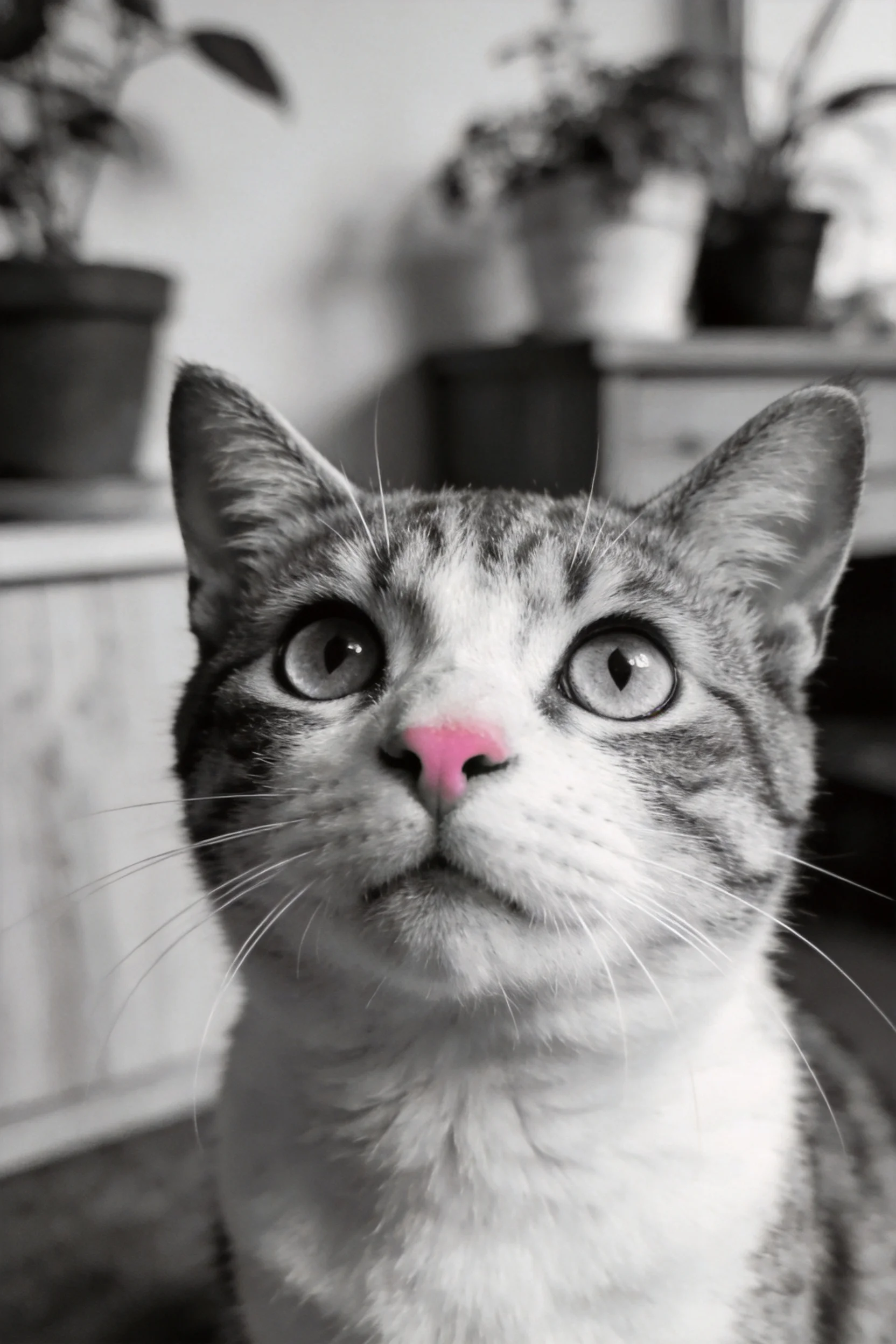 短毛家猫抬头凝视,粉色的鼻尖清晰可见,黑白相间的毛色分明。