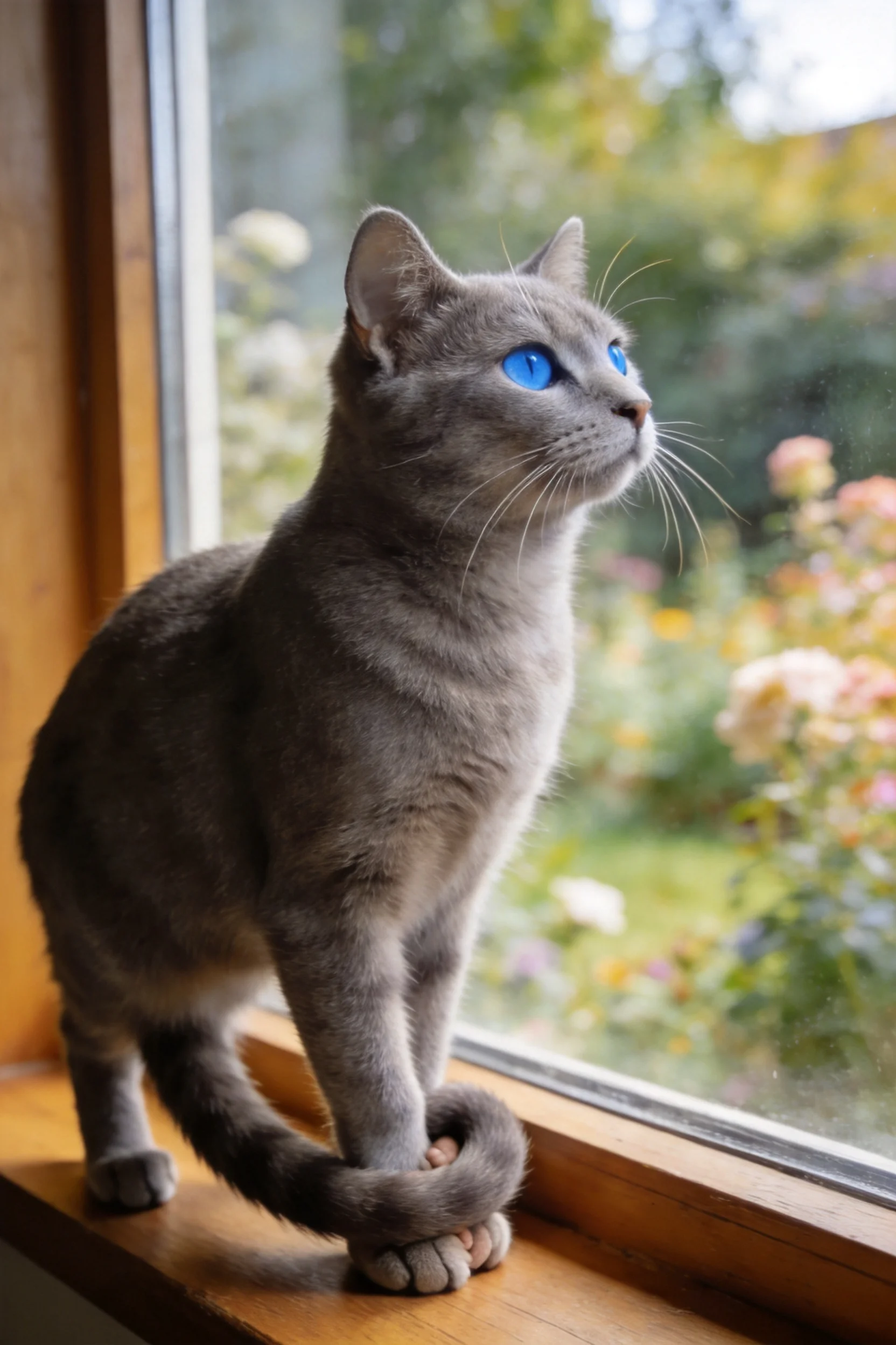 蓝灰色俄罗斯蓝猫站在木质窗台上,明亮的蓝色眼睛注视着窗外,柔软的被毛在光下清晰可见。