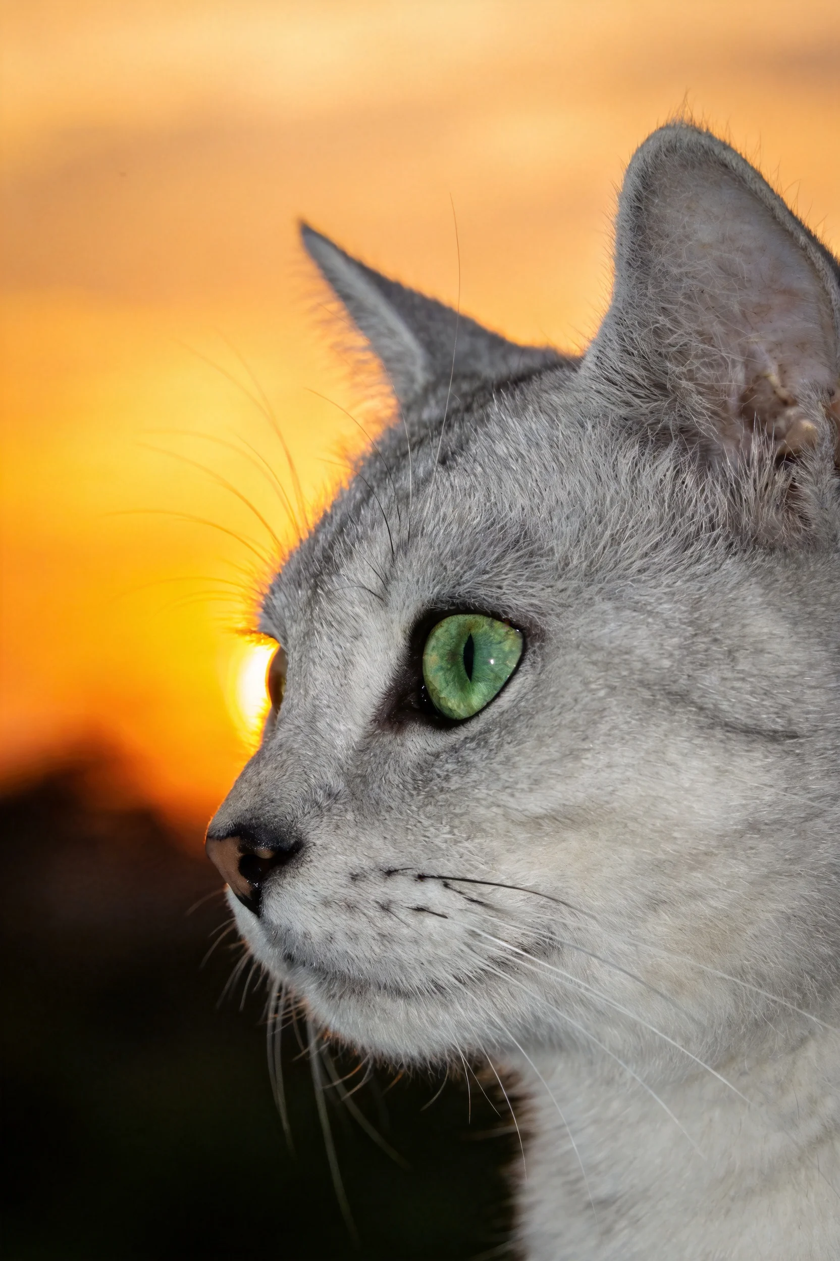 银灰短毛猫拥有明亮的绿色眼睛和顺滑的银灰色短毛,在夕阳背景下呈现出清晰的侧颜特征。