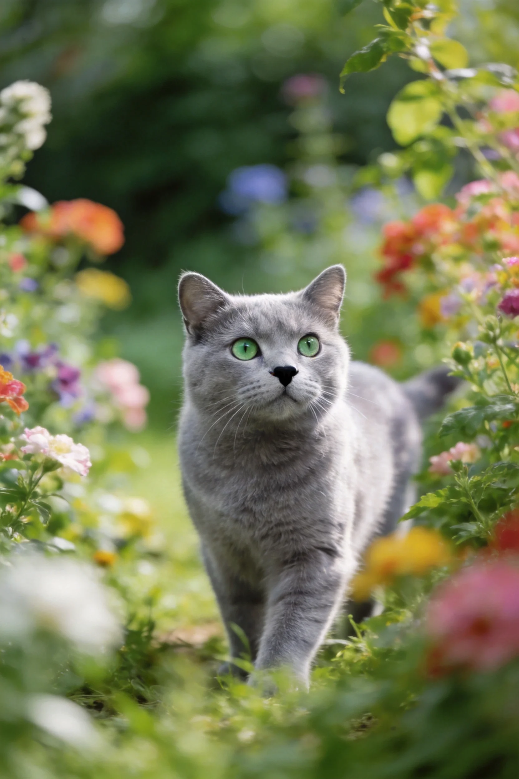 一只蓝绿色眼睛的英国短毛猫在彩色花卉间行走，毛发柔软顺滑。